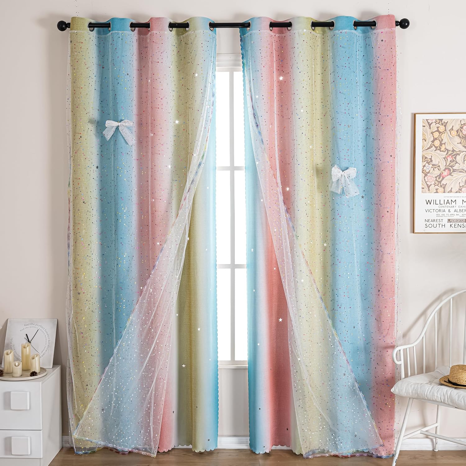 Kids & Girls Rainbow Ombre Double Layer Star Cutout Blackout Curtains with Foil Print Sheer, 2 Panels Set for Bedroom, Nursery, Living Room - Yellow Blue Pink, 52W x 72L