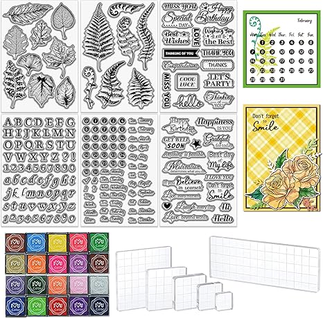 6 Sheets Clear Stamps for Card Making Includes 20 Ink Pad 6 Acrylic Stamp Block Silicone Stamps with Blessing Greeting Leaves Letters Date Stamp for Crafting DIY Scrapbooking Journal