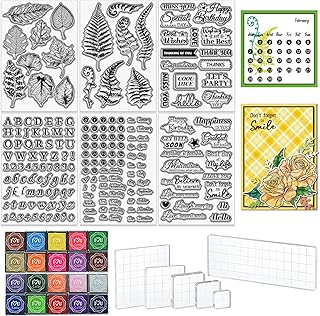 6 Sheets Clear Stamps for Card Making Includes 20 Ink Pad 6 Acrylic Stamp Block Silicone Stamps with Blessing Greeting Leaves Letters Date Stamp for Crafting DIY Scrapbooking Journal