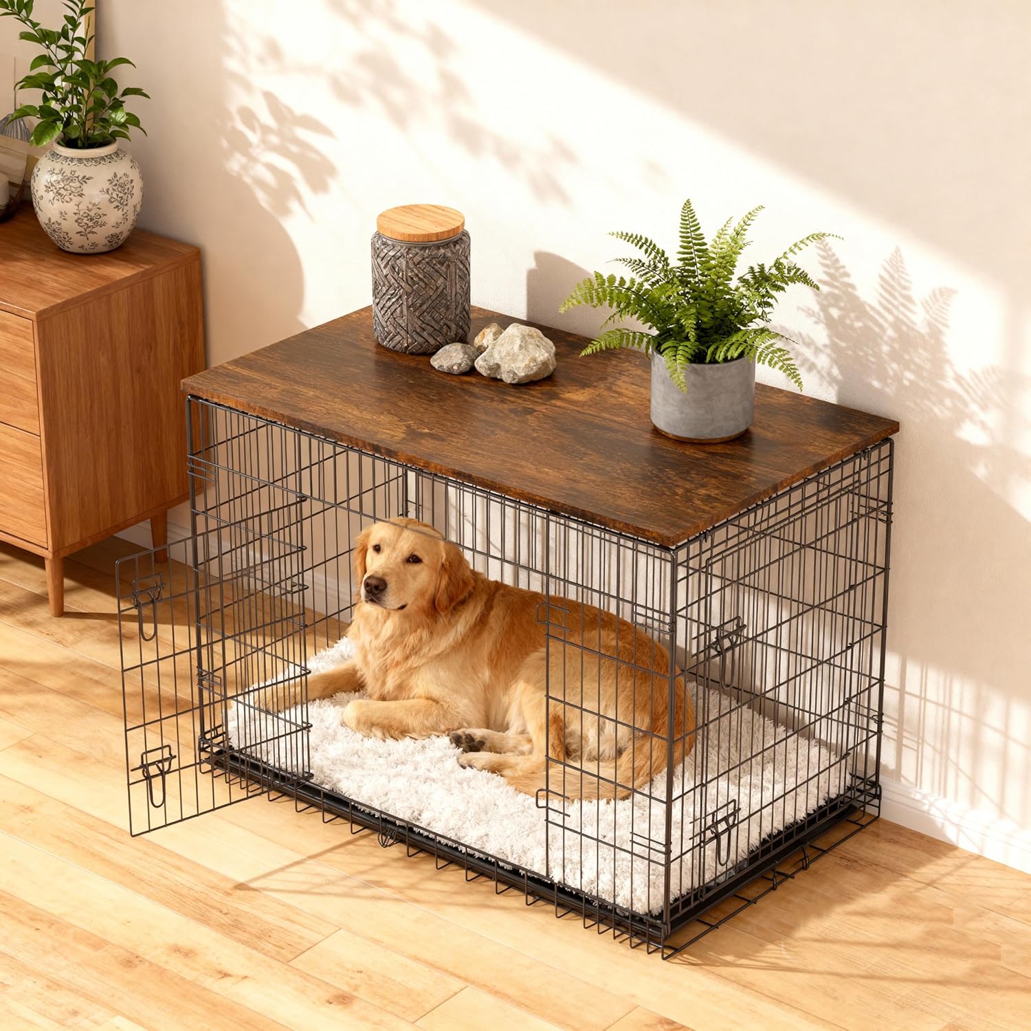 Piskyet Dog Crate Topper Wood Countertop for 48 42 36 30 24 inch Dog Cage, Dog Crate Cover,Dog Kennel Topper(Crate Not Include) (Rustic Brown, for 36 Inch Crate)