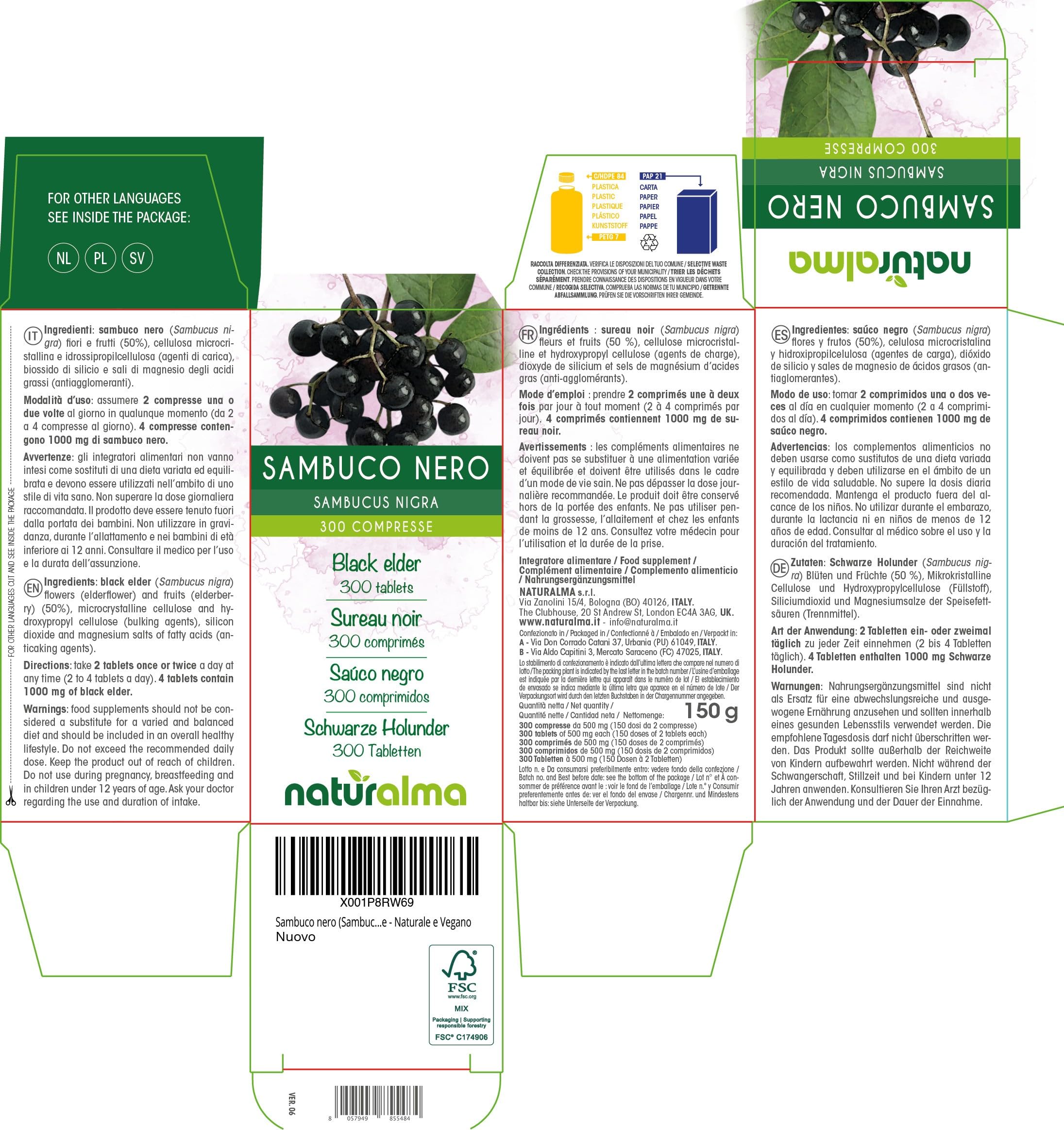 Sambuco nero (Sambucus nigra) fiori e frutti Naturalma - 150 g - 300 compresse - Integratore alimentare - Naturale e Vegano