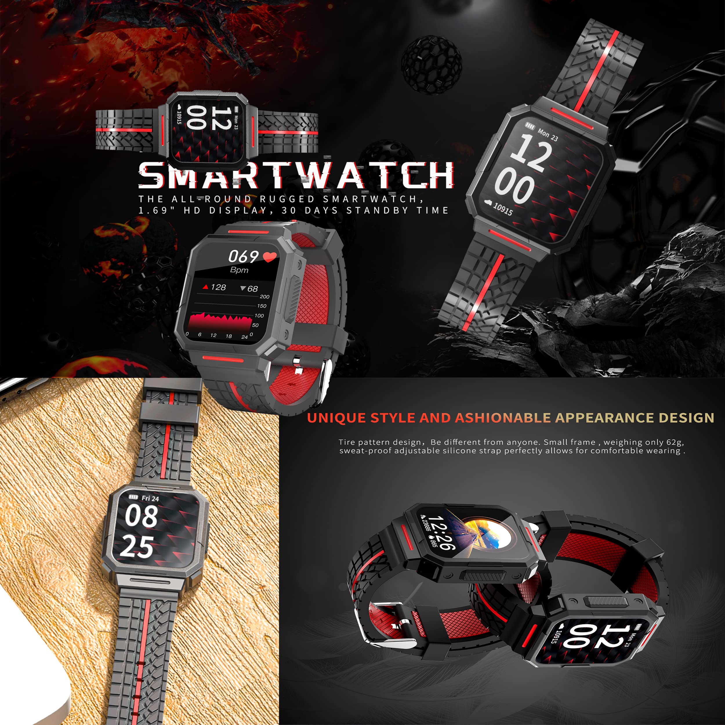 Smartwatch Hombre, 1.69" Reloj Inteligente Impermeable IP68 Pulsera Actividad 22 Modos Deporte con Pulsómetro Monitor de Sueño Monitores Actividad Cronómetros Calorías Podómetro para Android iOS