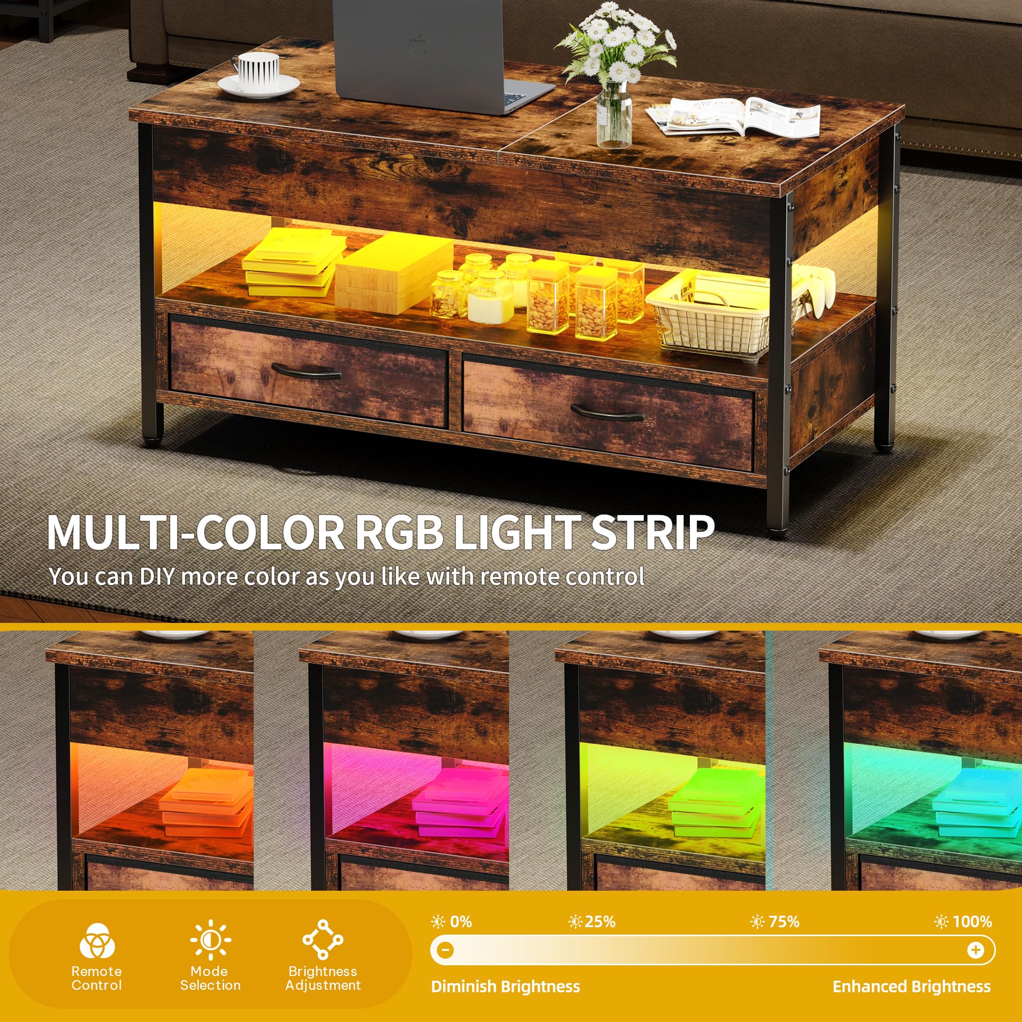 DWVO Couchtisch Höhenverstellbar mit 2 Schublade und Offener Lagerraum, LED Couchtisch mit Verstecktem Ablagefach, Wohnzimmertisch 106 x50x51,5cm
