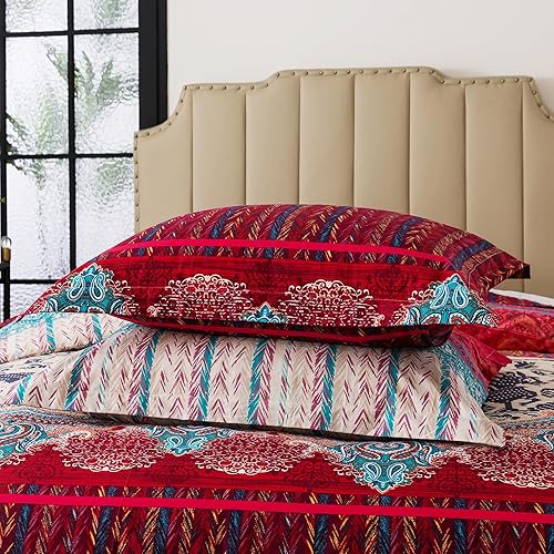 Miniatura 6 de FADFAY Juego de funda de edredón exótica bohemia, tamaño Queen, 100% algodón cepillado, suave, bohemio, estampado étnico, colorido, reversible, con