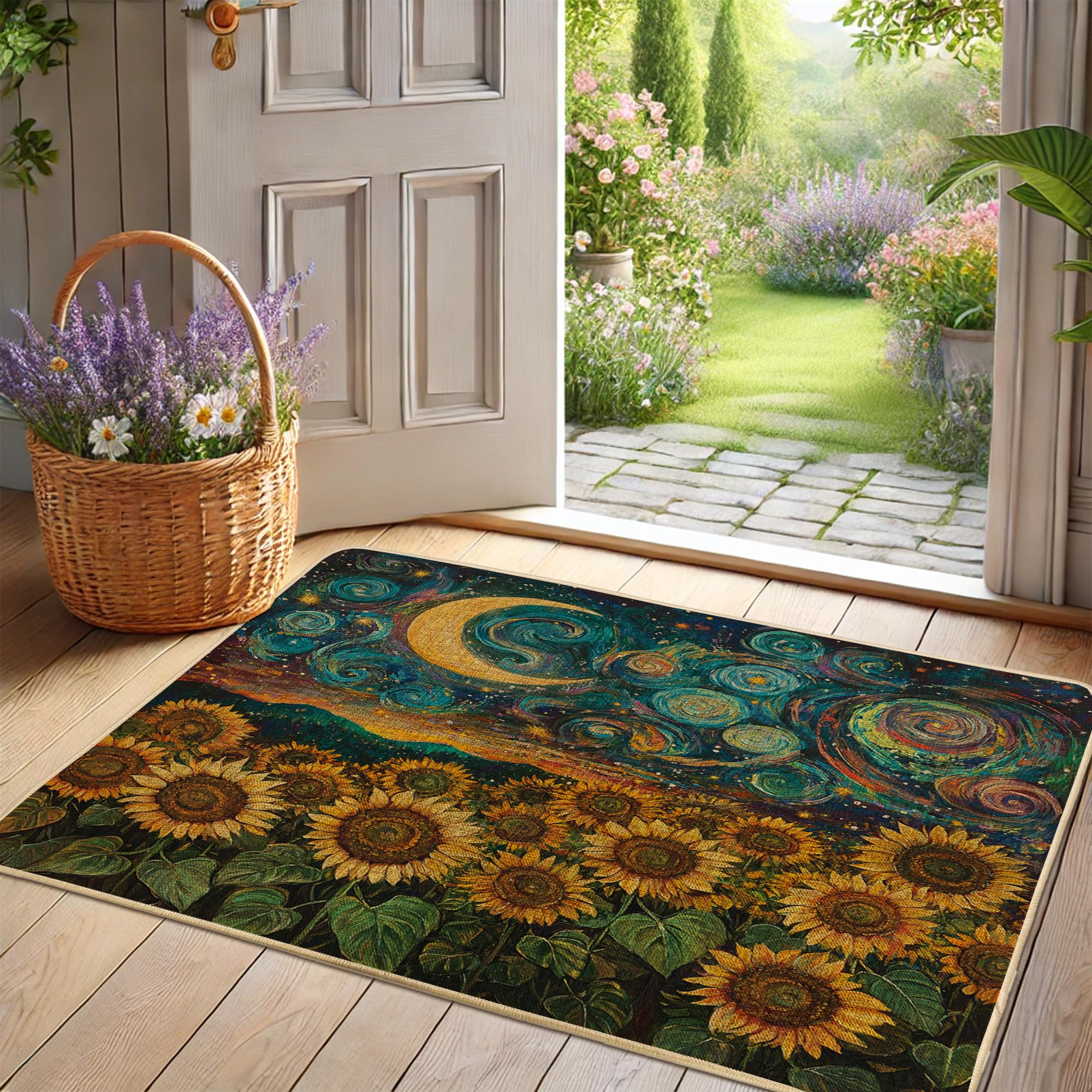 Sunflower Starry Night Doormat, Outdoor & Indoor Entrance Floor Mat for Spring & Summer Decor, Non-Slip Absorbent Floor Mat, Easy Clean 29x17 Inch