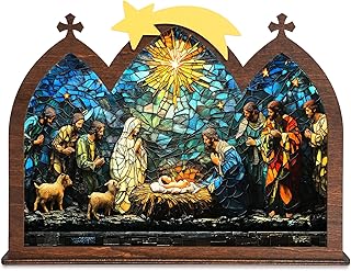 Wooden Nativity Set, Vintage Christmas Nativity Scene Set, Miniature Holy Family Figurines, Table Top Christmas Jesus Decorations for Indoor Mantel Display, Miracle In A Manger Gift (Nativity Candle Holder)