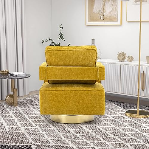 Miniatura 9 de Betoko Silla giratoria con diseño de barril, moderno sillón con respaldo abierto con base de metal dorado, silla tapizada de felpilla con almohada