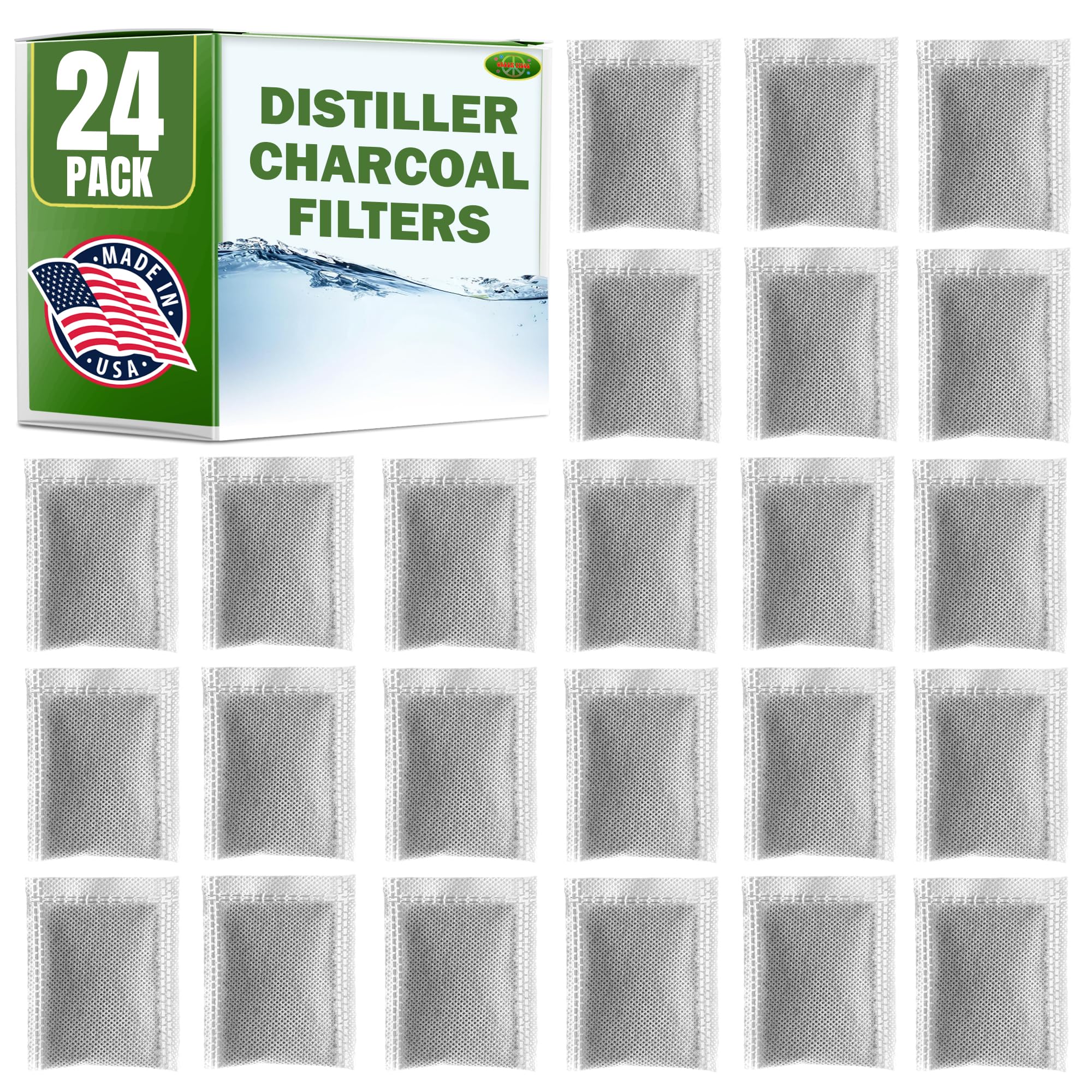Green Piece® 24 Pack Distiller Filters – Activated Charcoal Carbon Sachets (Made in USA) | Odor & VOC Absorbing Water Filters Compatible with Megahome & Countertop Distillers