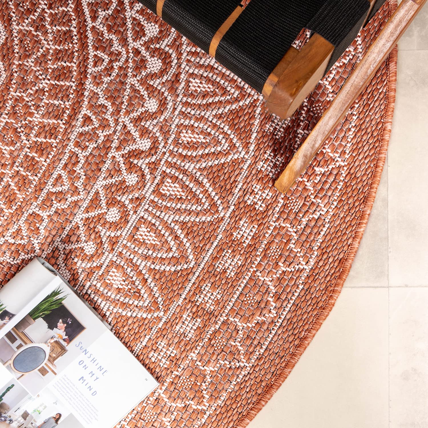 FRAAI | Home & Living Tapis d'extérieur Rond - Summer Azteca Terracotta - Ø 100 cm - Tapis Exterieur Resistant Pluie - Rond - Terrasse, Jardin, Balcon | Résistant aux intempéries - Synthétique - Polypropylène - Balcon, Jardin/Terrasse - Tapis d'extérieur