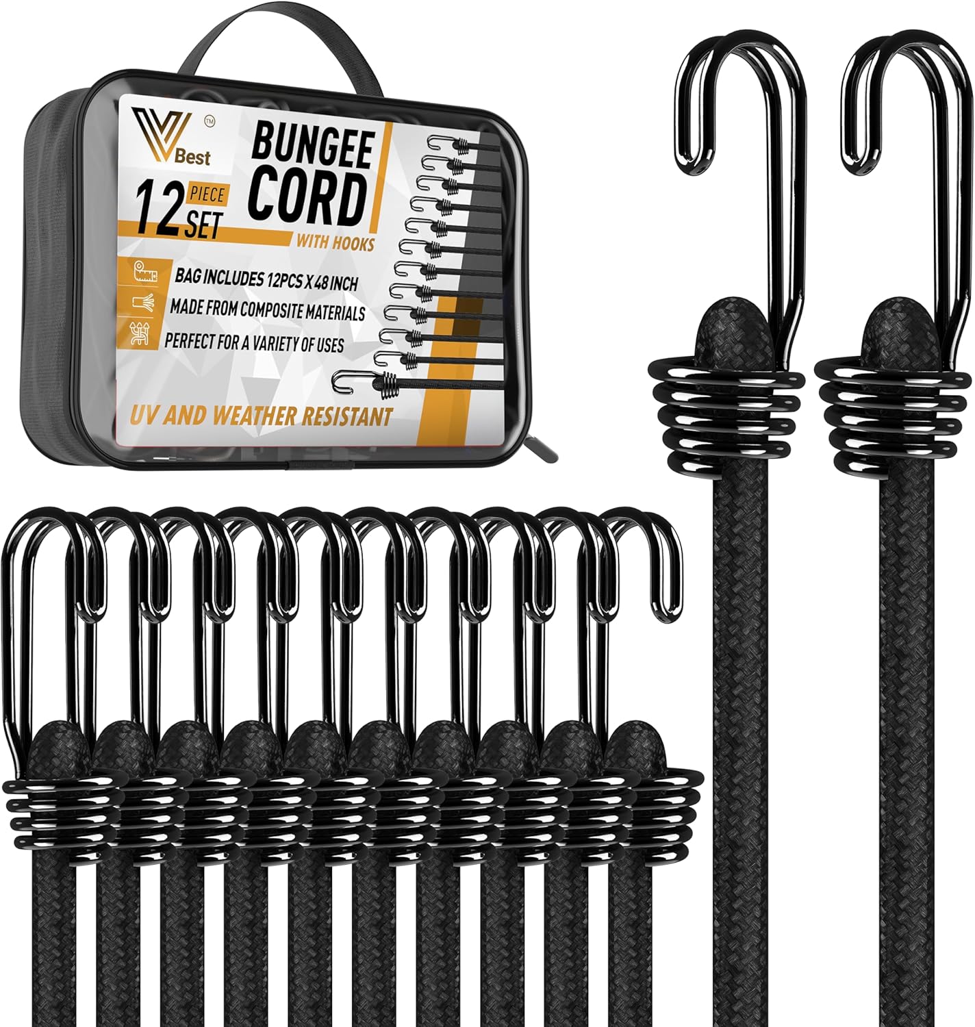 VBEST 12 Pcs 48 Inch Black Bunjee Chords with Hooks Bungee Cords