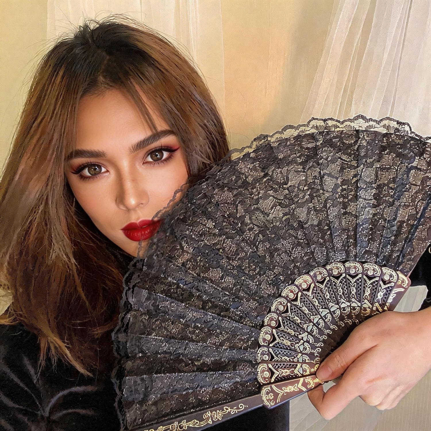 2 PCS Lace Folding Fans Handheld Bamboo Hand Fans Decorated Without White Lotus Jade Tassel Silver Floral Print Women Wedding Party Dancing Fashion Valentine's Day (Black)