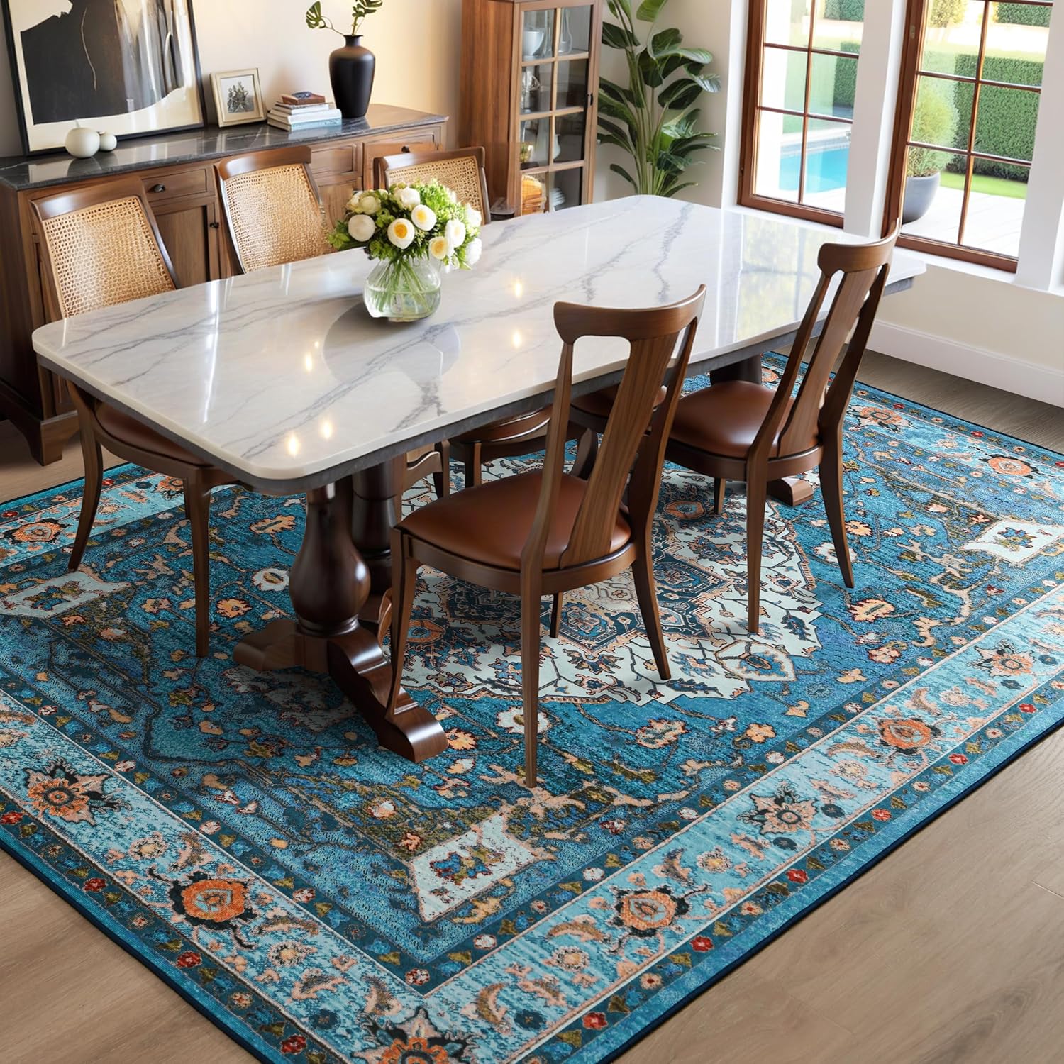 YJ.GWL Area Rug for Living Room, 4x6 Machine Washable Boho Rug for Bedroom, Low Pile Lightweight Thin Rugs Floral Vintage Distress Print Pattern Carpet for Dining Room, Blue/Multi