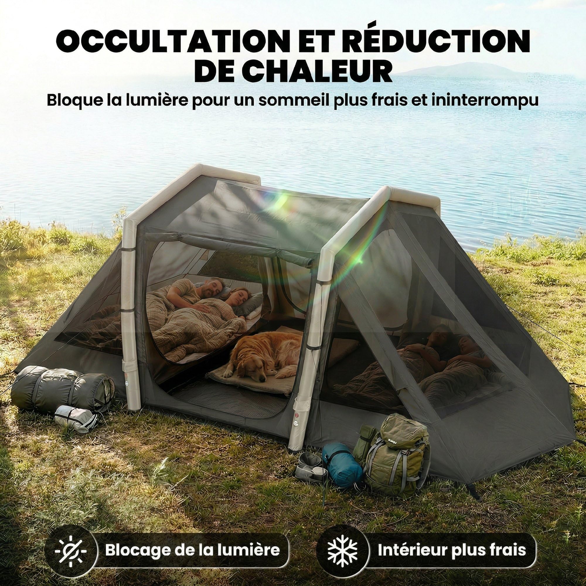 Outsunny Blackout, tenda gonfiabile da campeggio per 4 persone, tenda ad aria, lunga 5,8 m, con 2 camere da letto e soggiorno, impermeabile, 3000 mm, con pompa, tettoia e picchetti fluorescenti