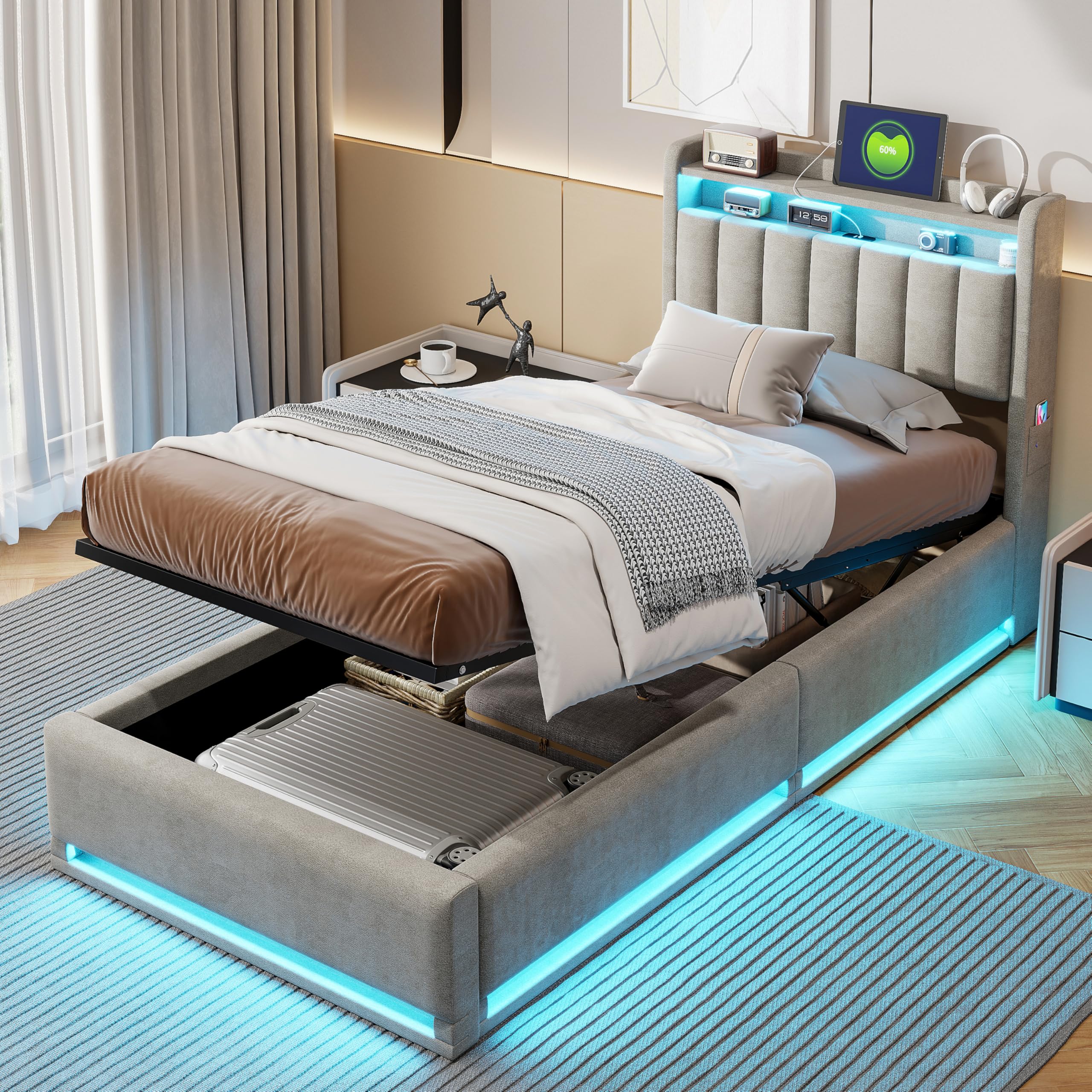 Veyrixan 3ft Ottoman Single Bed Frame with Charging Station & LED,90x190 cm Bed Frame with Hydraulic Lift Mechanism,Upholstered Storage Headboard, Lift-Up Underbed Storage,Grey(No Mattress) — image 1