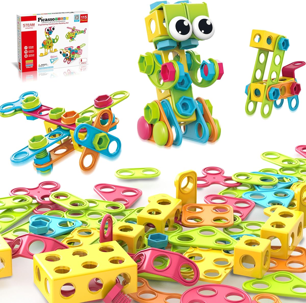 Juego de bloques de construcción de 115 piezas, juguete STEM para niños, ingeniería de construcción, juguetes sensoriales, juego de bloques para niños, juego de educación temprana con IdeaBook GRATIS, trinquete en el que se puede hacer clic a partir de 3 años, niños y niñas PTN115