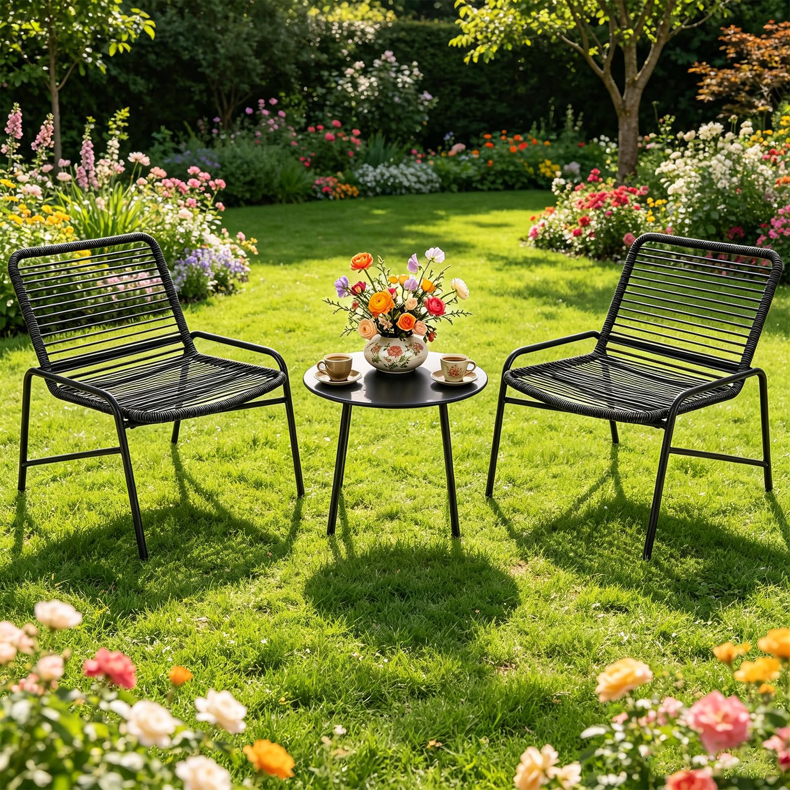 RELAX4LIFE Set di mobili da giardino in rattan, 3 pezzi, con tavolino rotondo e 2 poltrone in vimini, sedie da pranzo in metallo, per patio, veranda, salotto, cortile, piscina