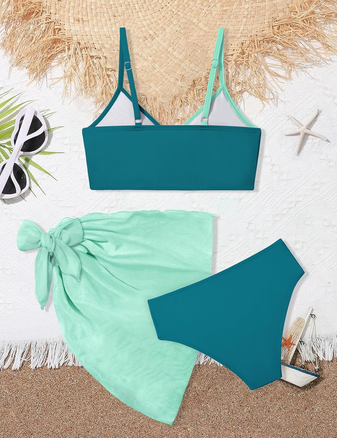 Girls Swimsuit V Neck Bikini Set Color Block with Cover Up 3Pcs Bathing Suits - Image 6