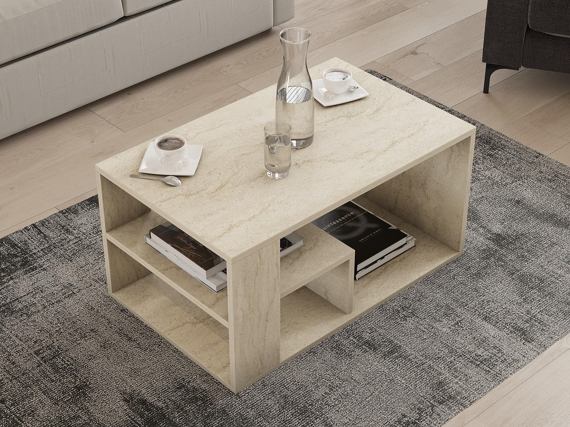 Hanah Home Table à Café Travertine 80x50x40cm - Design Élégant Montage Mural Possible - Mélaminé 18mm