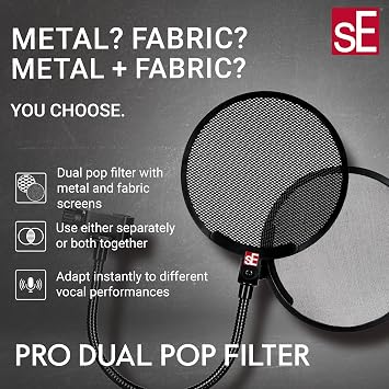 SE ELECTRONICS Pro Dual Pop Filter for Microphones - 3-in-1 Mic Pop Filter with Adjustable Gooseneck for Precise Positioning - Use Metal, Fabric or Both At Once - Professional Microphone Accessories