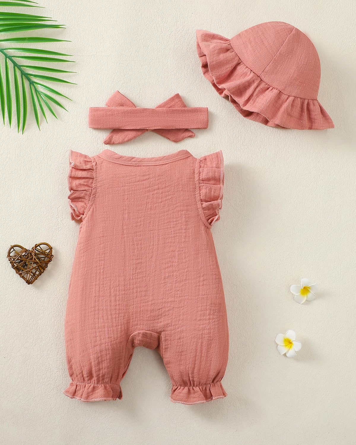 Renotemy Baby Girl Clothes Outfits Infant Summer Romper Cotton Linen Preemie Newborn Essentials Photography with Hat&Headband - Image 3