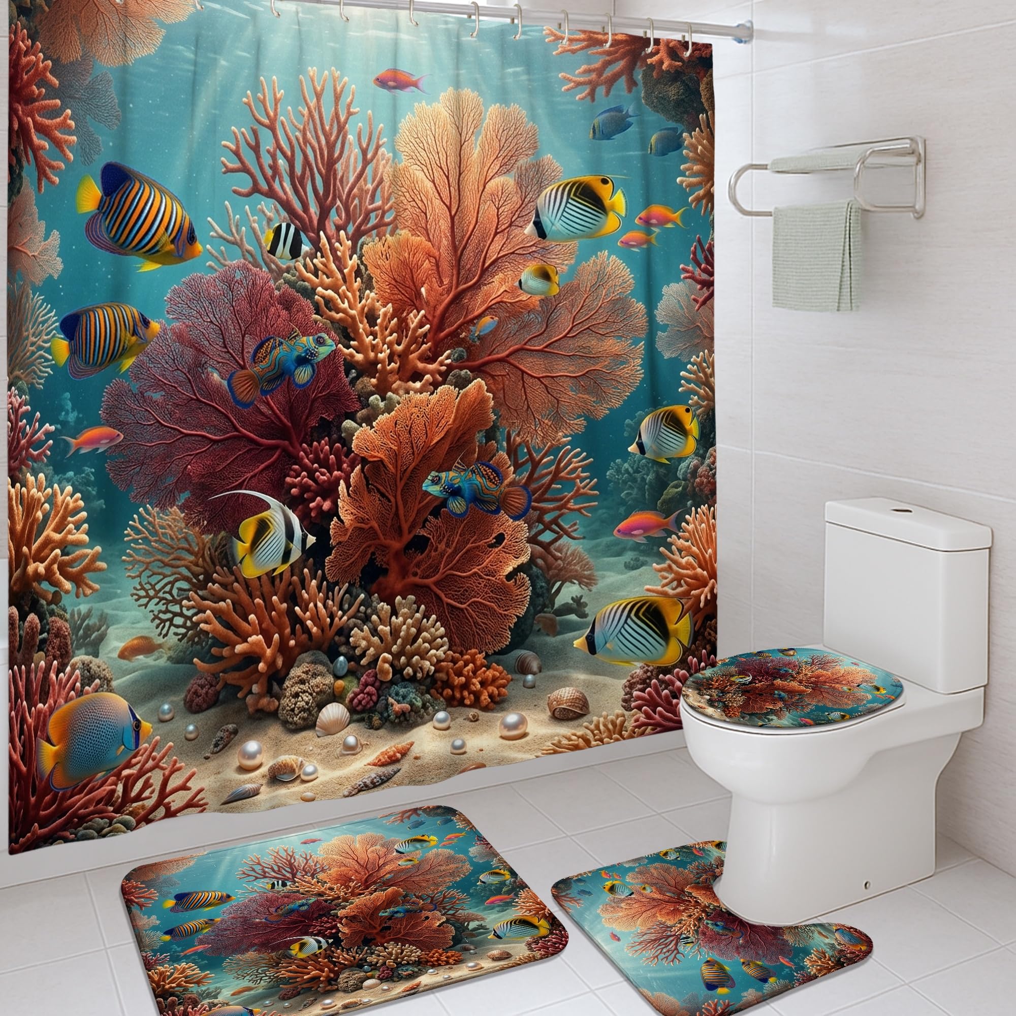 Rideau de douche étanche bleu corail qui ne colle pas à la peau avec tapis de bain