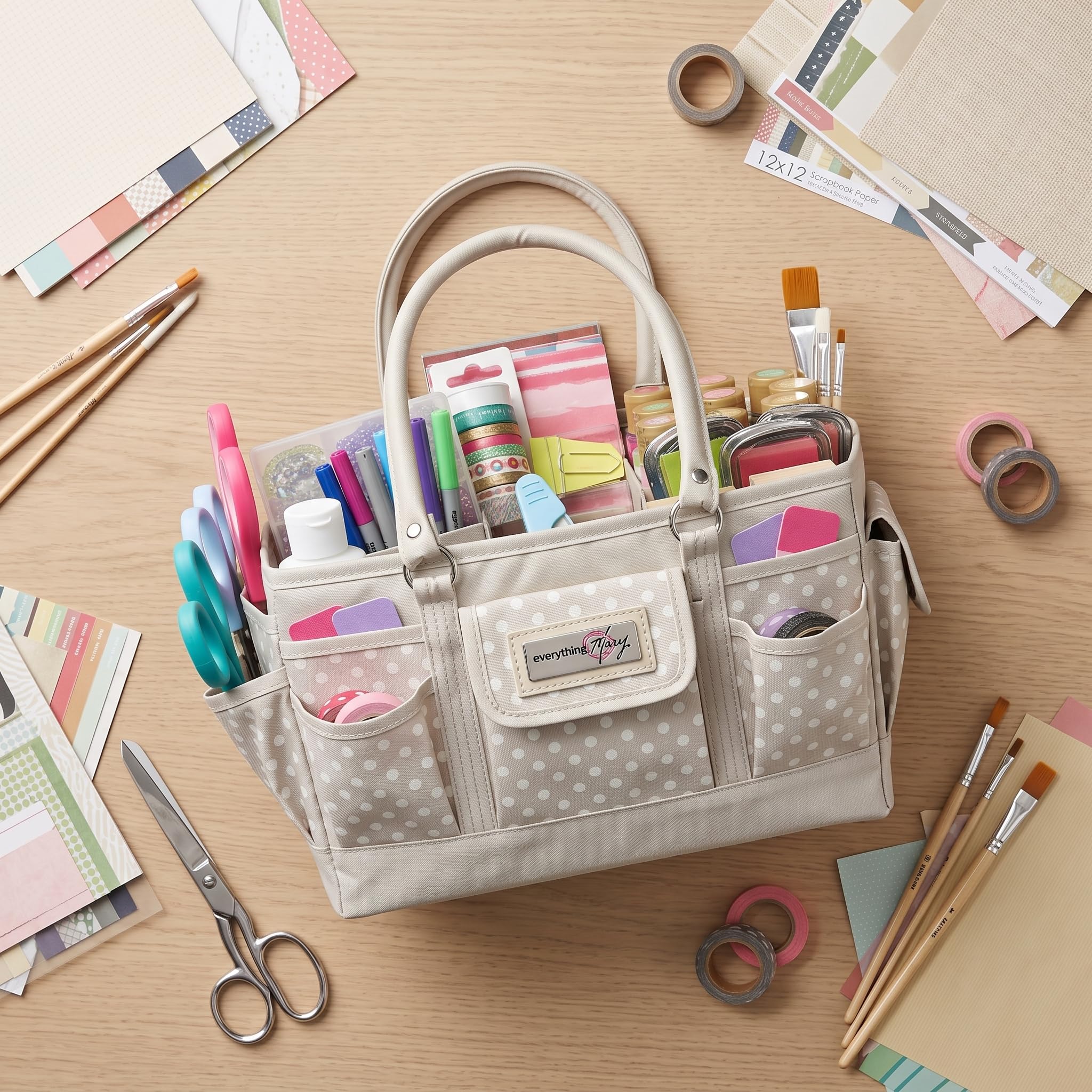 Everything Mary EVM12776-1 Basteltasche, Organizer, Tragetasche, Aufbewahrungskorb für Näh-und Scrapbooking, Bastelbedarf, mit Griff für Zubehör und Werkzeuge, Polyester, Hellbraun gepunktet