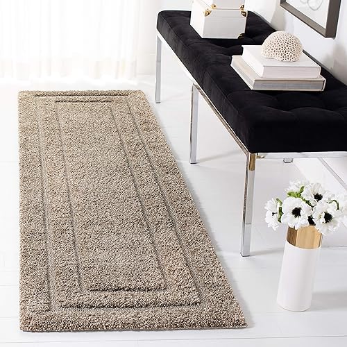 SAFAVIEH Florida Shag Collection SG454 Border Non-Shedding Living Room Bedroom Dining Room Entryway Plush 1.2-inch Thick Runner, 2'3" x 10' , Beige / Beige