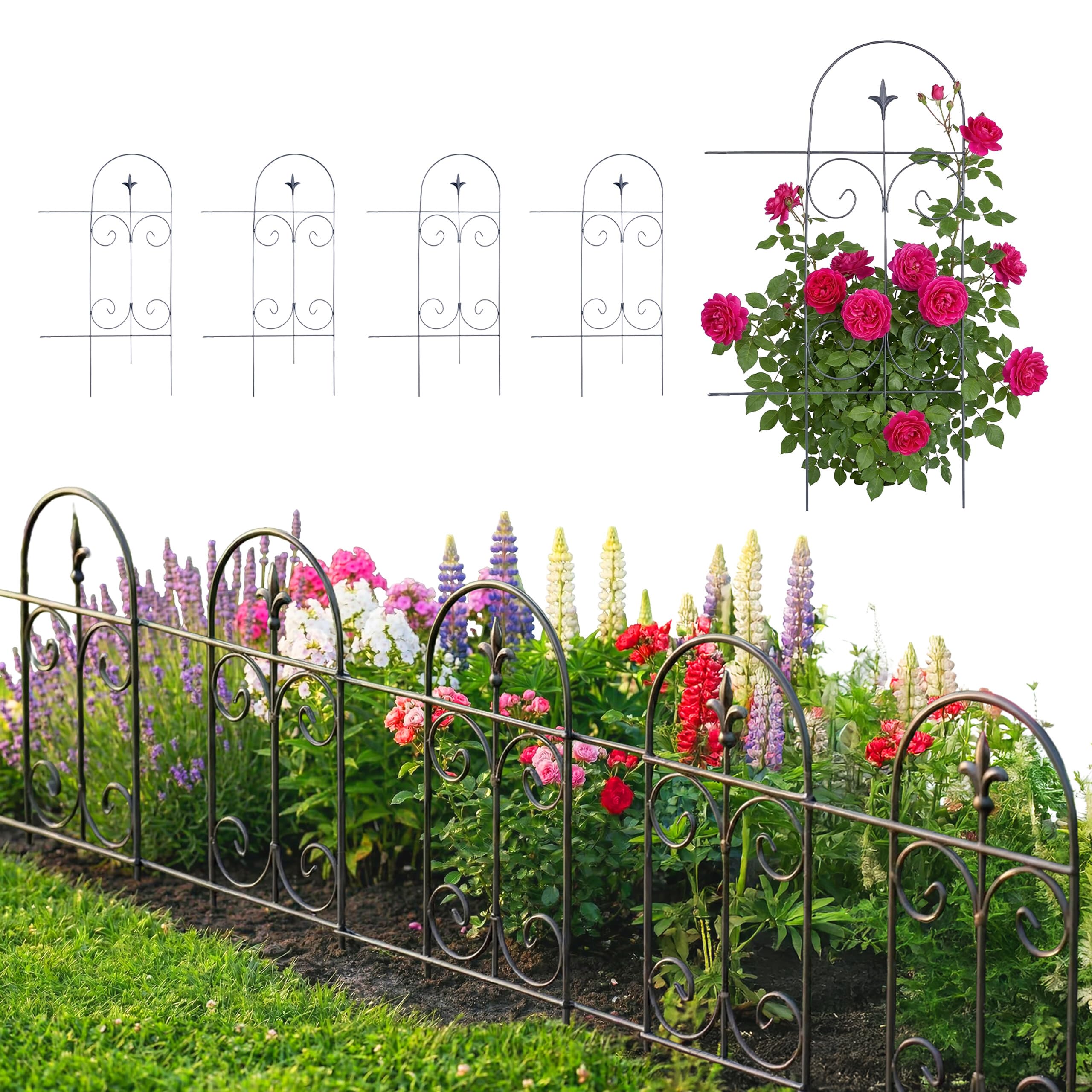 Bordure de massif métal clôture de jardin décorative noire barrière pelouse à piquer 5 pièces