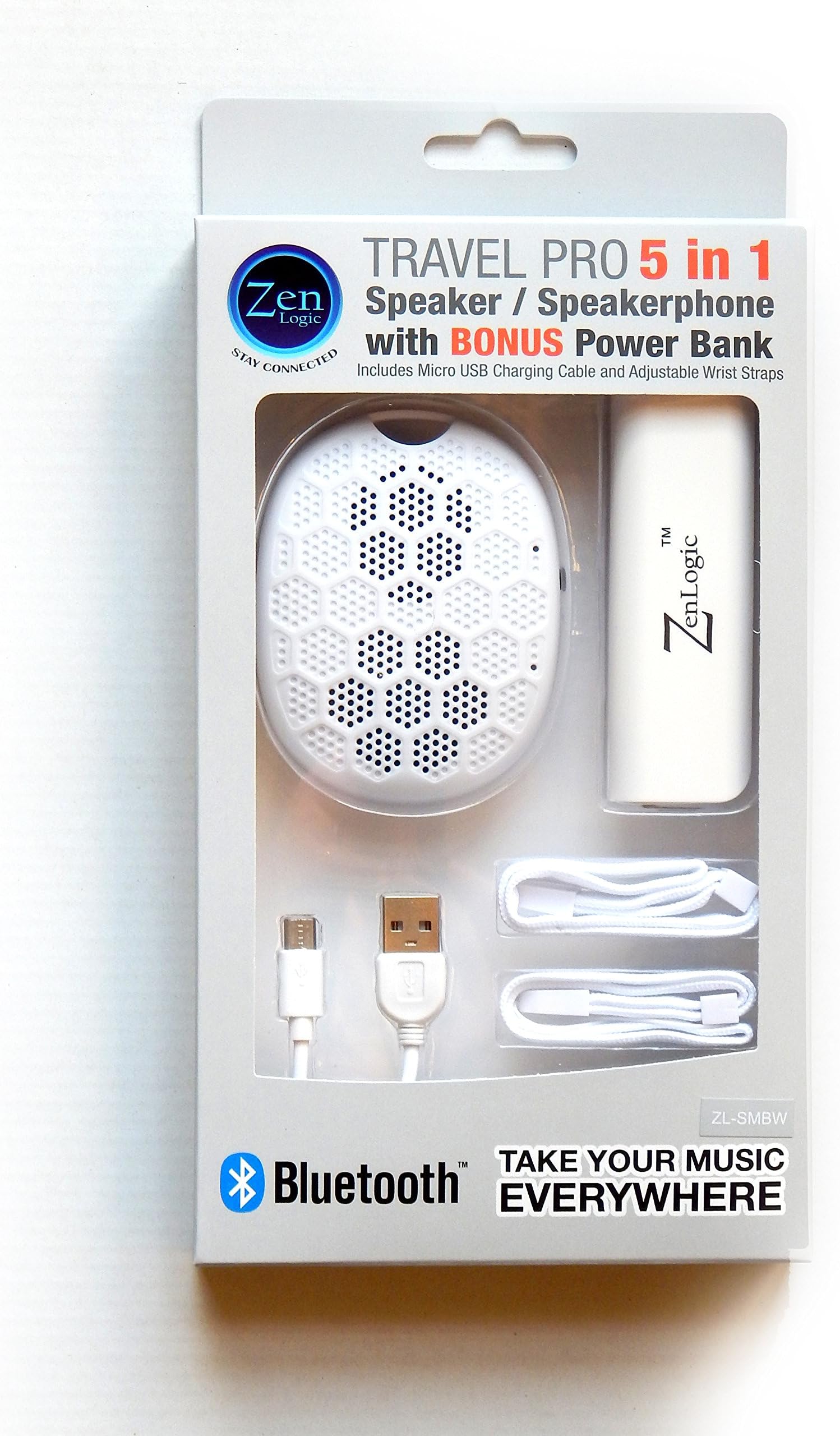 Zen Logic ZL-SMBW Bluetooth Speaker with Speakerphone Feature and Bonus Power Bank for Universal/SmartPhones - Retail Packaging - White