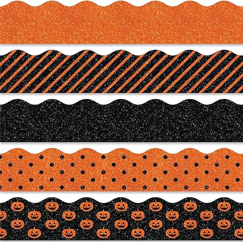 Whaline Bordes de tablón de anuncios de Halloween de 69 pies, color naranja y negro, bordes decorativos de calabaza, rayas de lunares, calcomanías