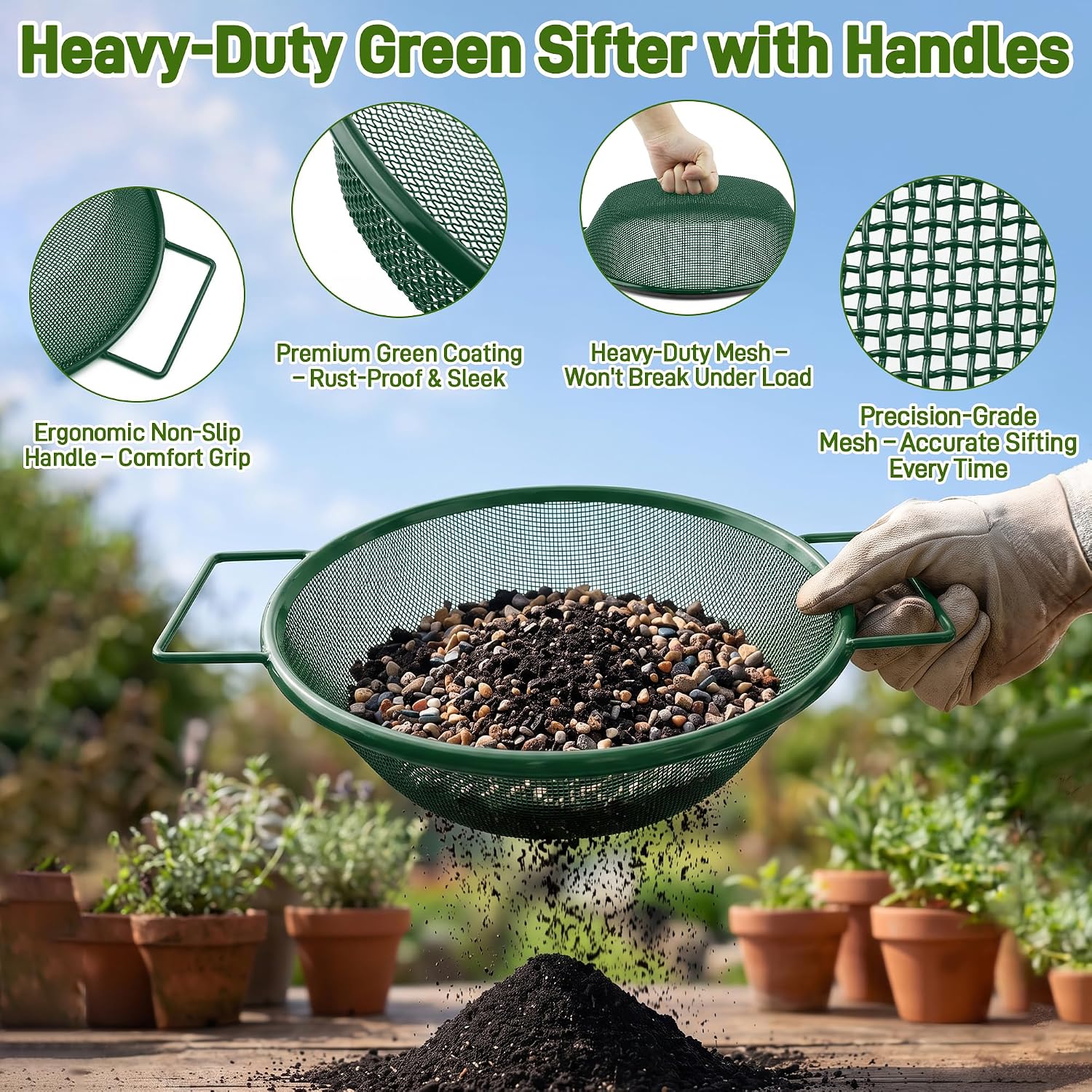 Mulctun 4Pcs Soil Sifter with Handles,Heavy Duty Dirt Sifter for Gardening