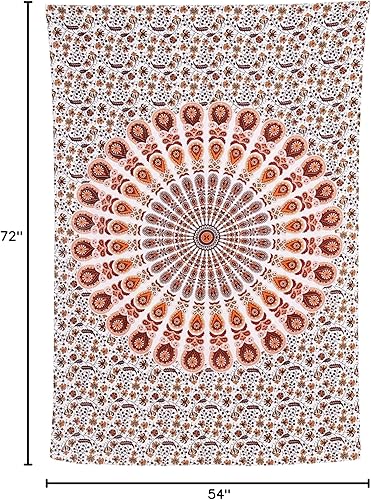 Miniatura 158 de Tapiz hippie indio bohemio psicodélico dorado mandala de pavo real azul dorado para colgar en la pared (naranja marrón, King (88 x 104 pulgadas)