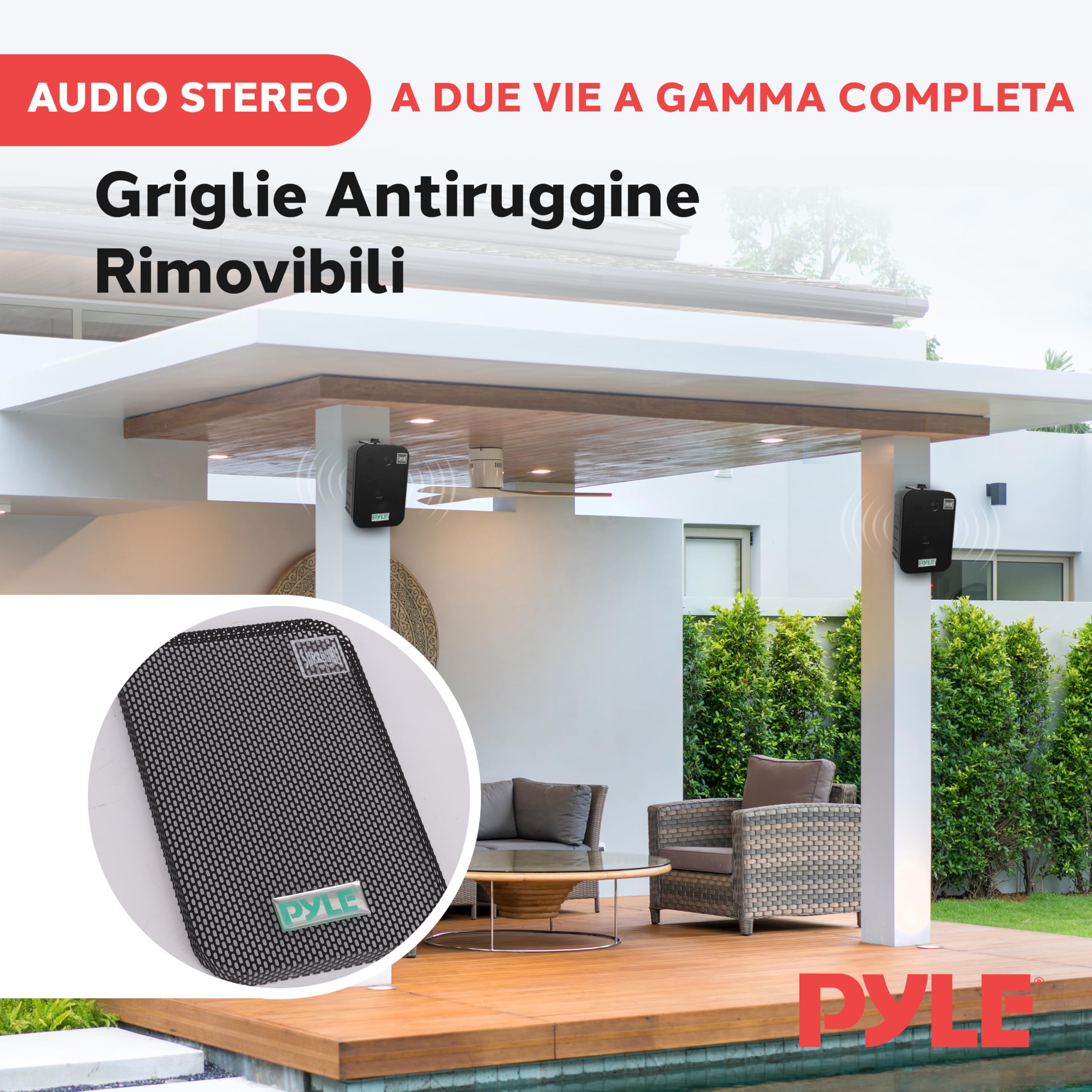 Pyle Sistema Altoparlanti Esterni con Cassa Audio Cablata, Coppia, Speaker Grado Marino 2 Vie 300 Watt Max, Woofer 8.9 Centimetri e Tweeter 2.5 Centimetri, Montaggio Universale per Parete o Soffitto