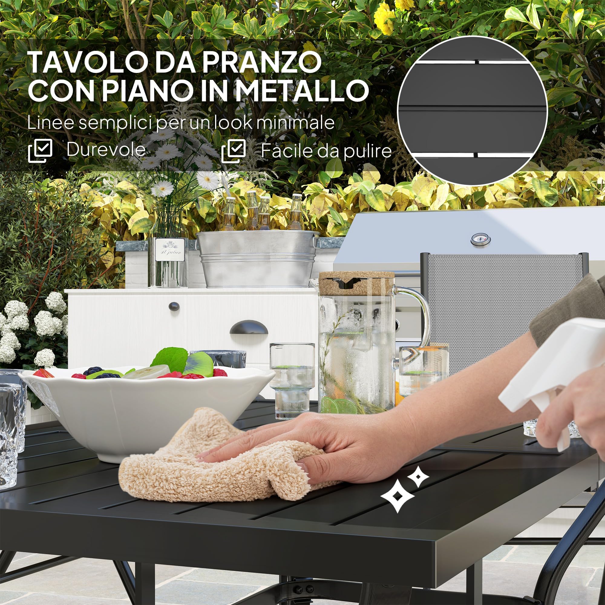 Outsunny Set Tavolo e Sedie da Giardino da 7 Pezzi Rettangolare Grigio | Tavolo da Pranzo con Foro per Ombrellone, 6 Sedie Pieghevoli da Esterno con Schienale Alto, in Acciaio