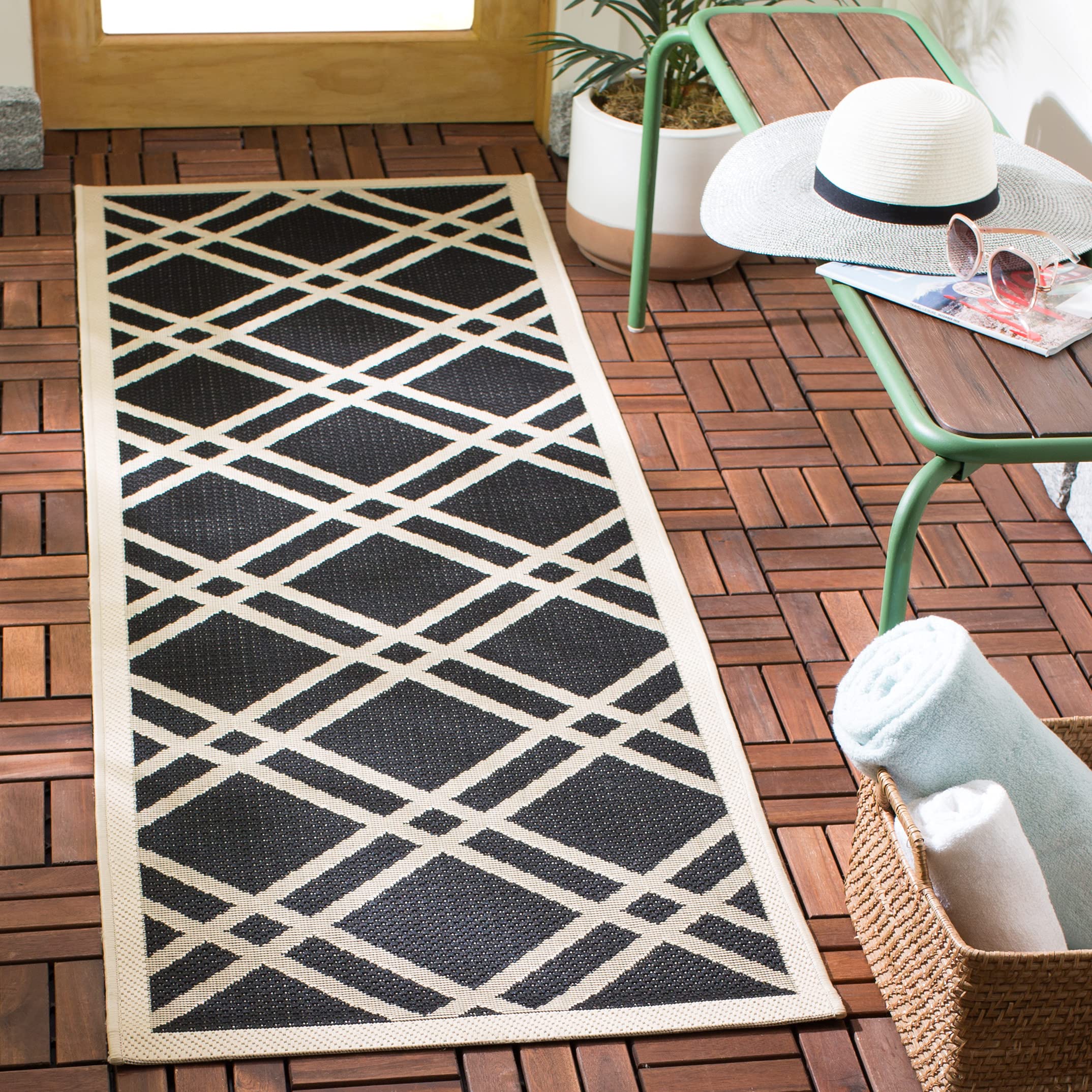 SAFAVIEH Courtyard Collection 2'3" x 10' Black/Beige CY6923 Trellis Indoor/ Outdoor Waterproof Easy Cleaning Patio Backyard Mudroom Runner Rug