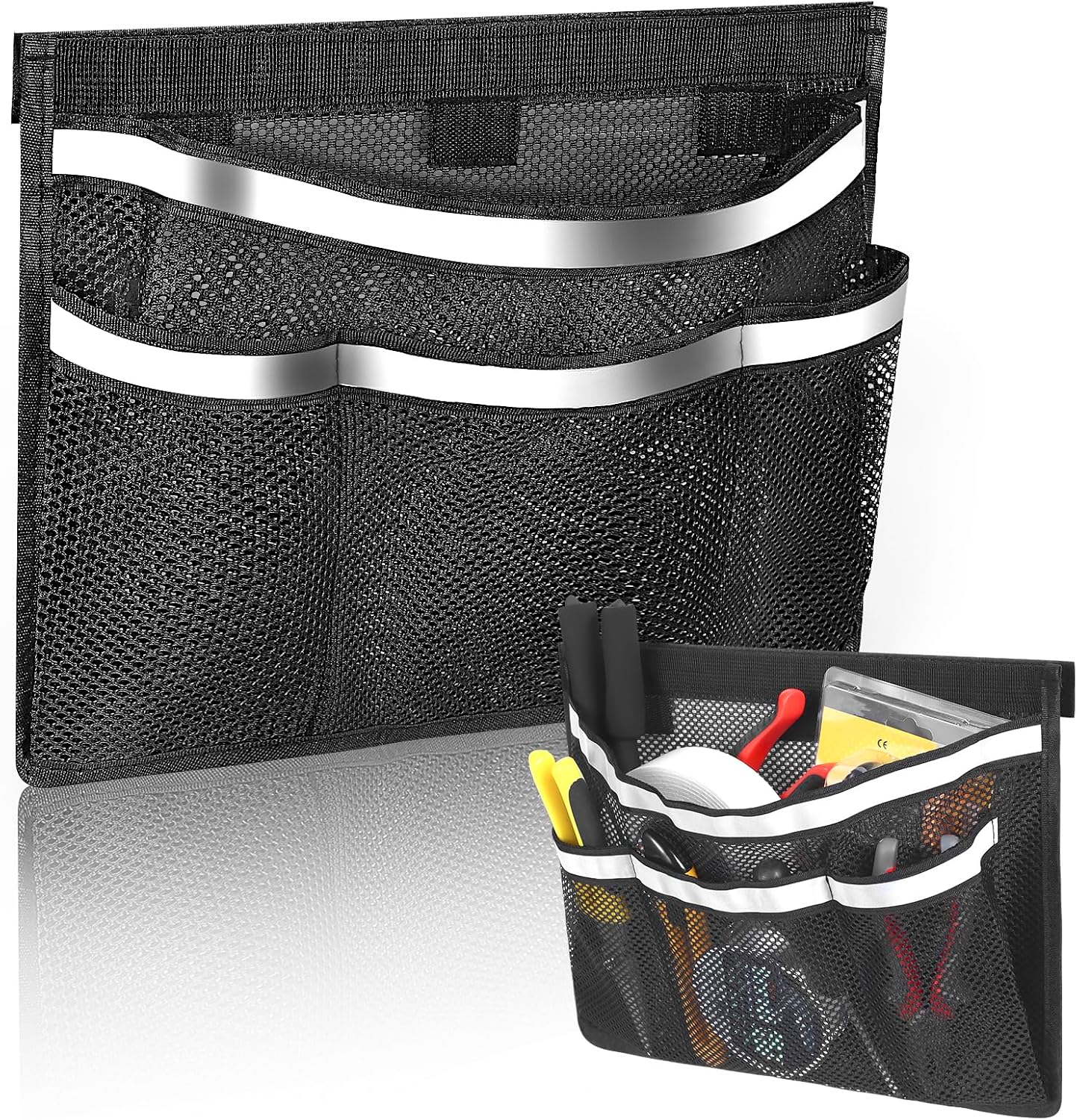 2 PCS 13.7"x 9.8" Boat Storage Mesh Bag, Upgraded 2-Layer 1 Large+3 Small Pockets Self-Adhesive Organizer with 3 Strong Adhesive Pads Double Reflective Strips, Keep Your Boat Tidy and Items Secure