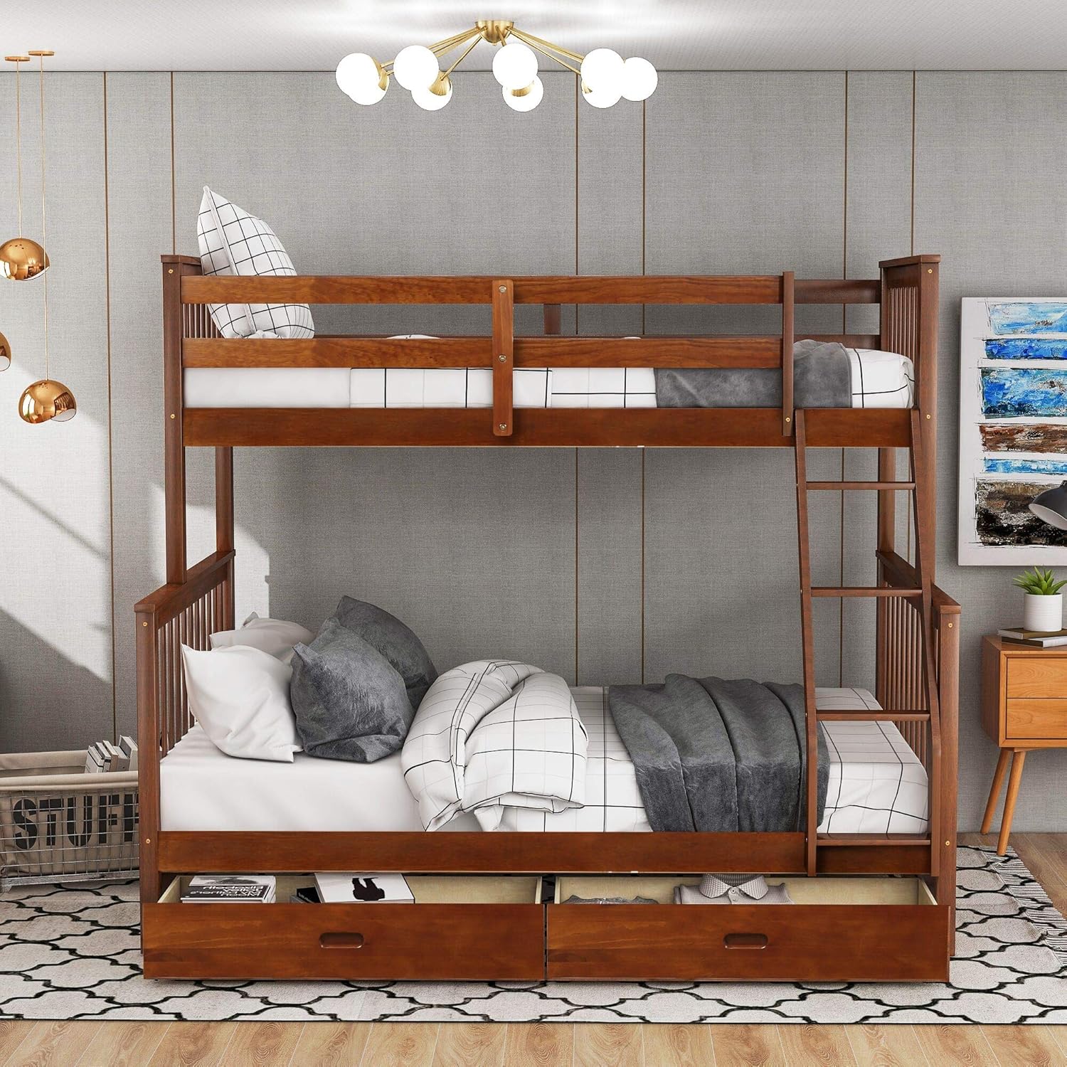 MERITLINE Twin Over Full Bunk Bed with Storage Drawers, Wooden Bunk Bed with Ladder and Safety Guard Rails for Kids, Teens, Adults, No Box Spring Required – Walnut