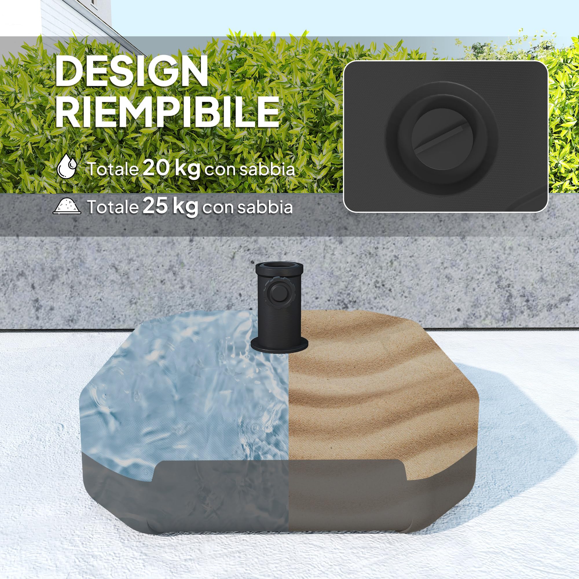 Outsunny Base per Ombrellone Quadrata, Supporto Pesante per Ombrelloni da Esterno, Riempibile con Sabbia Fino a 25kg o con Acqua Fino a 20kg, per Giardino, Piscina, Nero