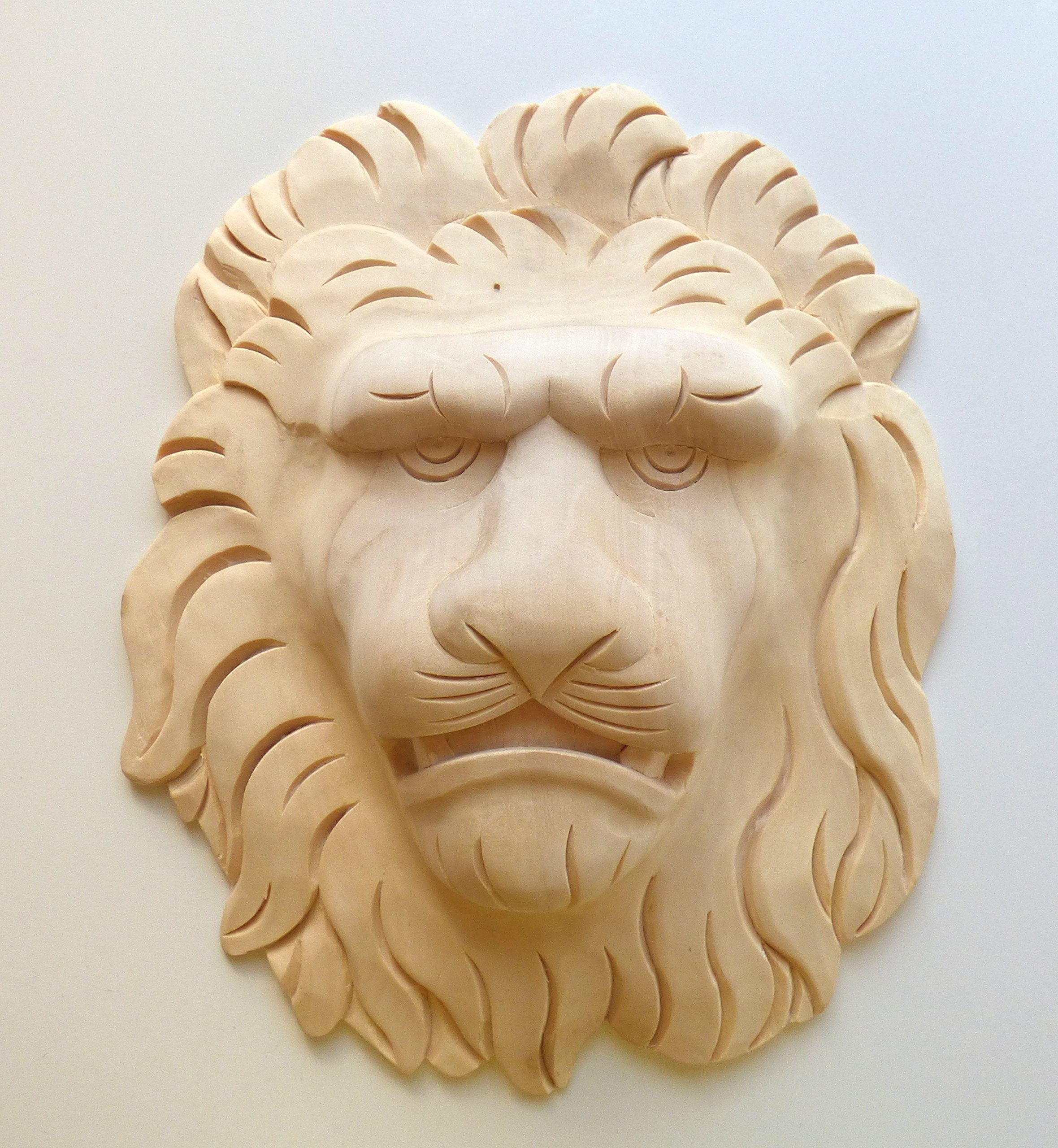 9-3/4"H x 8-1/4"W x 2-3/8"TH, Hand Carved Red Oak, Solid Wood Lion Face Applique Onlay Corbel. OW201 (Linden Wood)