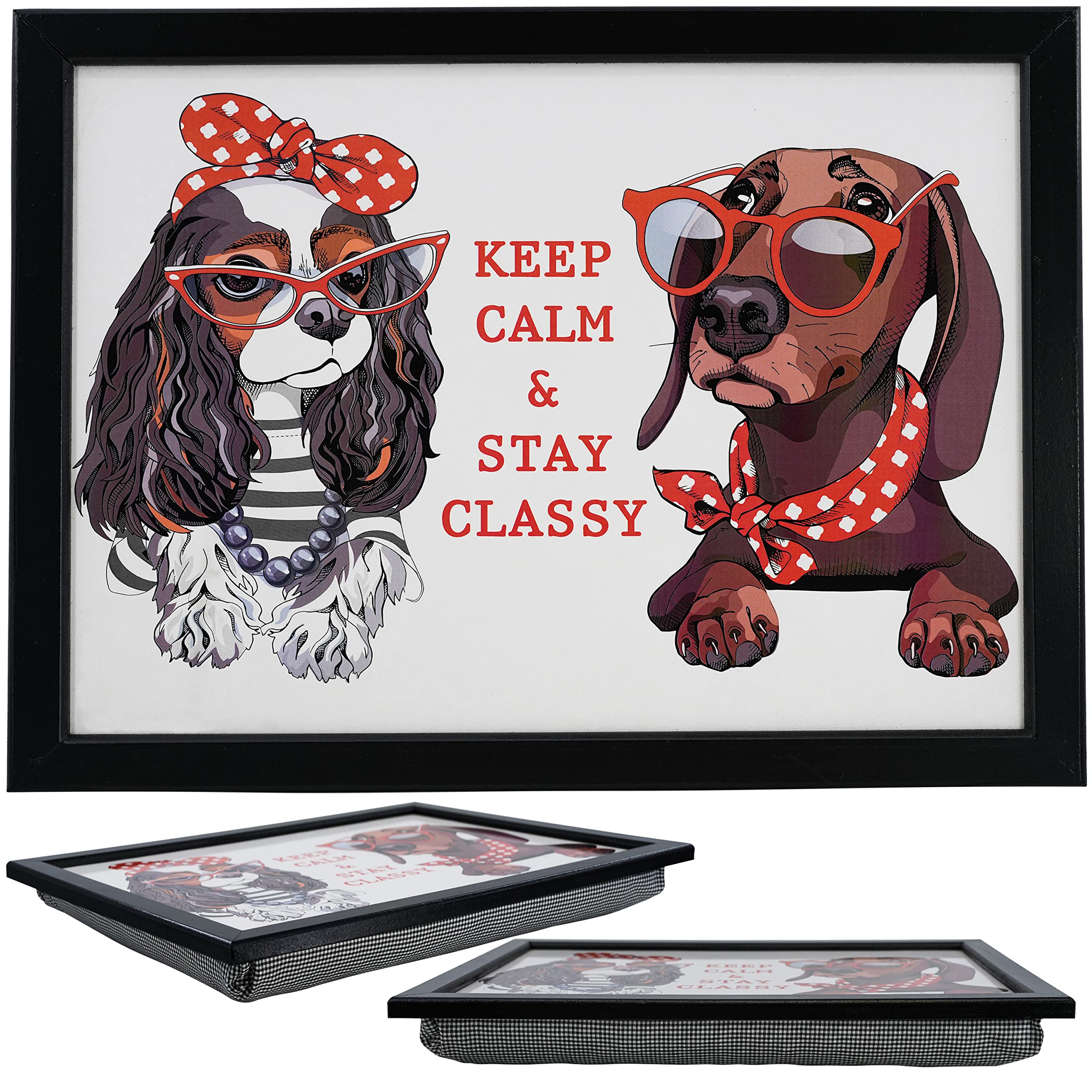 The Magic Toy Shop Wooden Lap Tray with Bean Bag Cushion - Keep Calm Dog | Soft padded base moulds to legs. Generous 44x34cm top holds plates, laptops or crafts. Eat or work on sofa in front of TV.