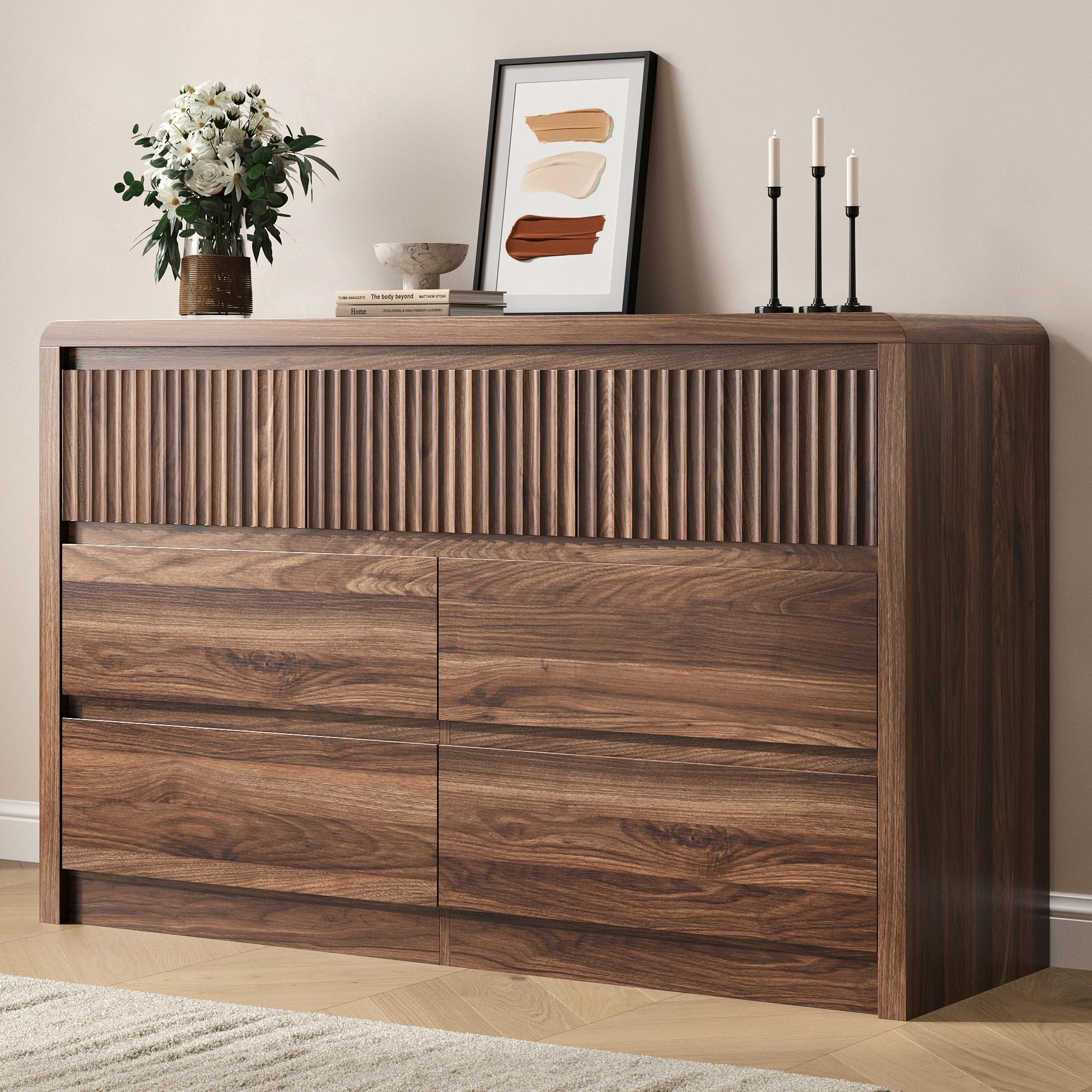 designer dresser BAZELOR Fluted 7 Drawer for Bedroom, 50” Wide Dresser & Chest of Drawers with Curved Profile Design, Wood Mid Century Dressers for Bedroom, Living Room, Walnut : Home & Kitchen swatches-chara-mini-dress Hotojiny Formal Dresses for It boasts 6 Material:97% Polyester  3% Spandex
