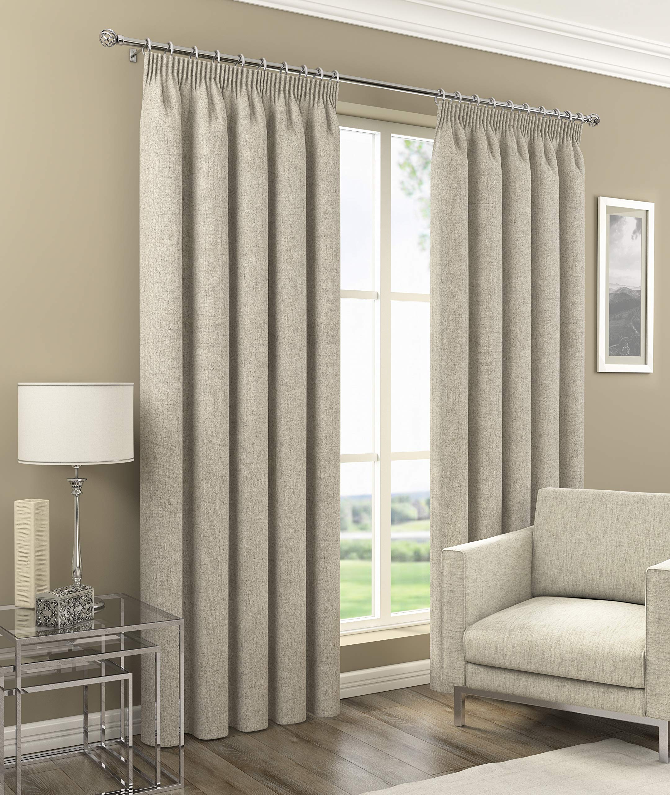 Stiebel of NottinghamOrion Plain Woven Textured Linen Look Fully Blackout Pencil Pleat Curtains Thermal Room Darkening Ideal for Nurseries/Bedrooms (Natural (Light Beige), 66" x 90" (168cm x 229cm))