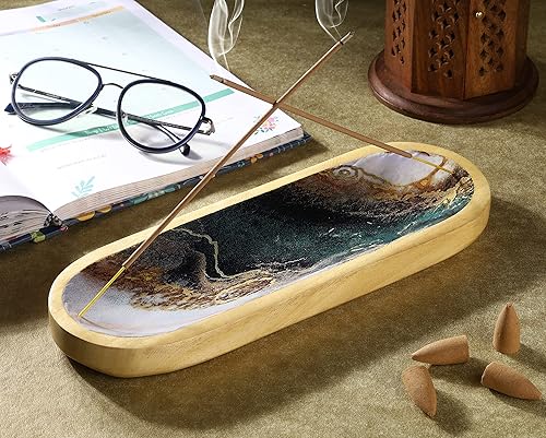 Miniatura 4 de Bless-International Quemador de Bandeja Tradicional Hecho a Mano de Madera, Soporte para Varillas de Incienso, Atrapacenizas para Aromaterapia,