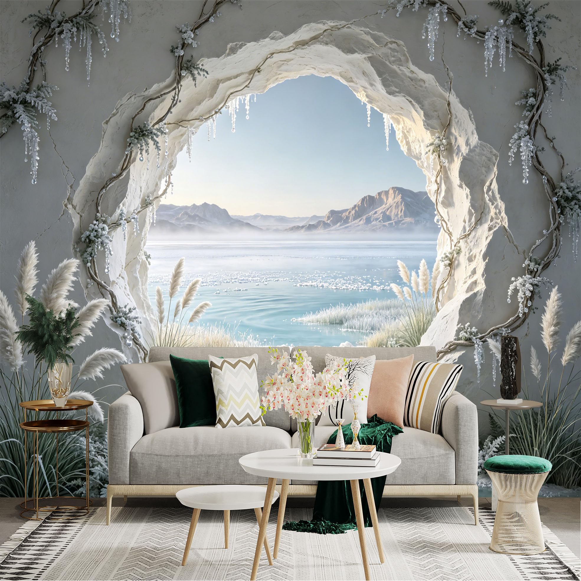 Custom Size Wall Sticker Mural， Winter Cave View with Frozen Lake， Mountains and Frosted Plants， for wall Decoration， peelandstick wall Decals.
