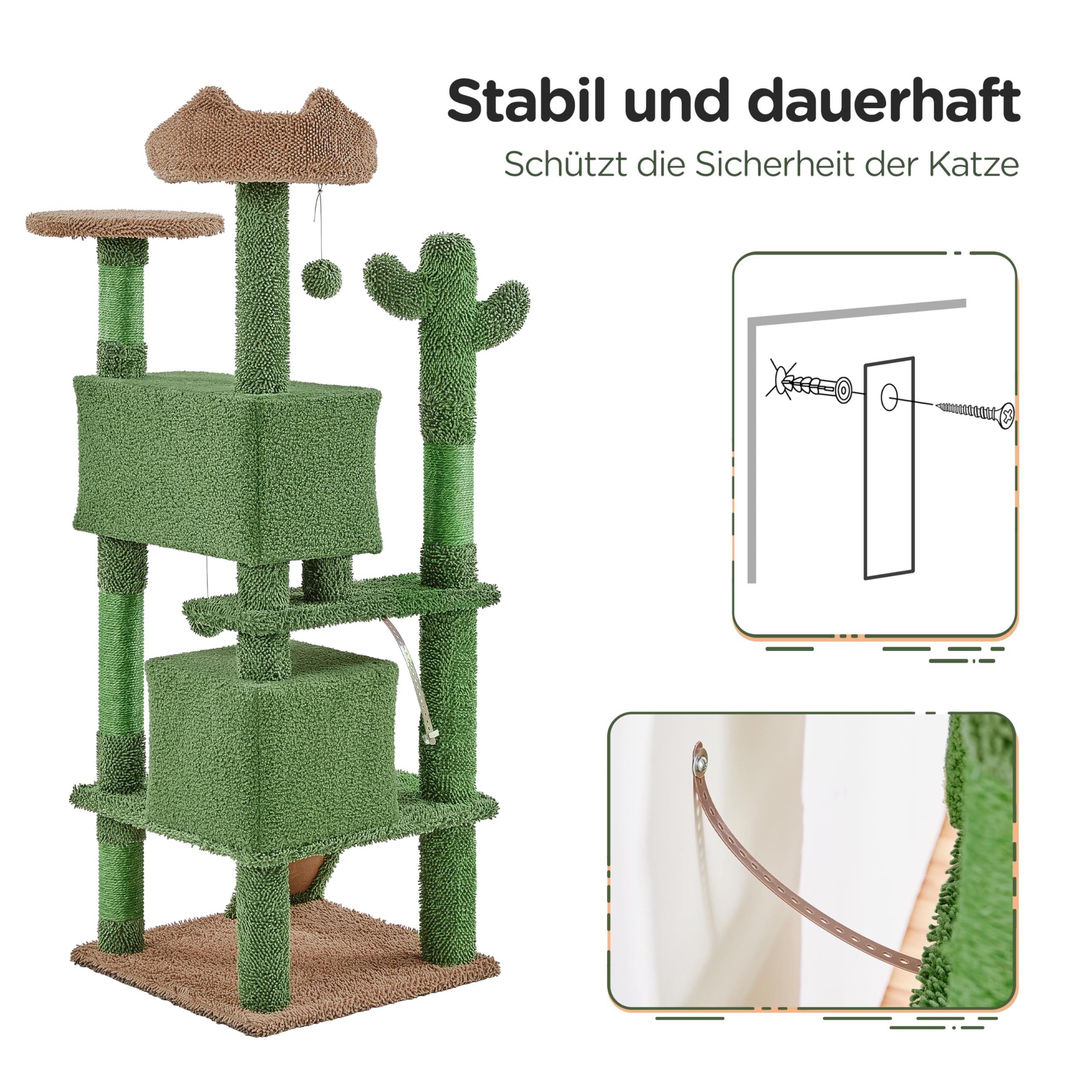 Yaheetech 138 cm Kratzbaum Kaktus Katzenbaum mit Katzenleiter & 2 Höhlen | Kaktusform | Mopp- & Teddy-Plüsch | FSC-zertifizierte Spanplatten | mit Kippsicherung | mit 4 Kratzsäulen & 2 Plattformen