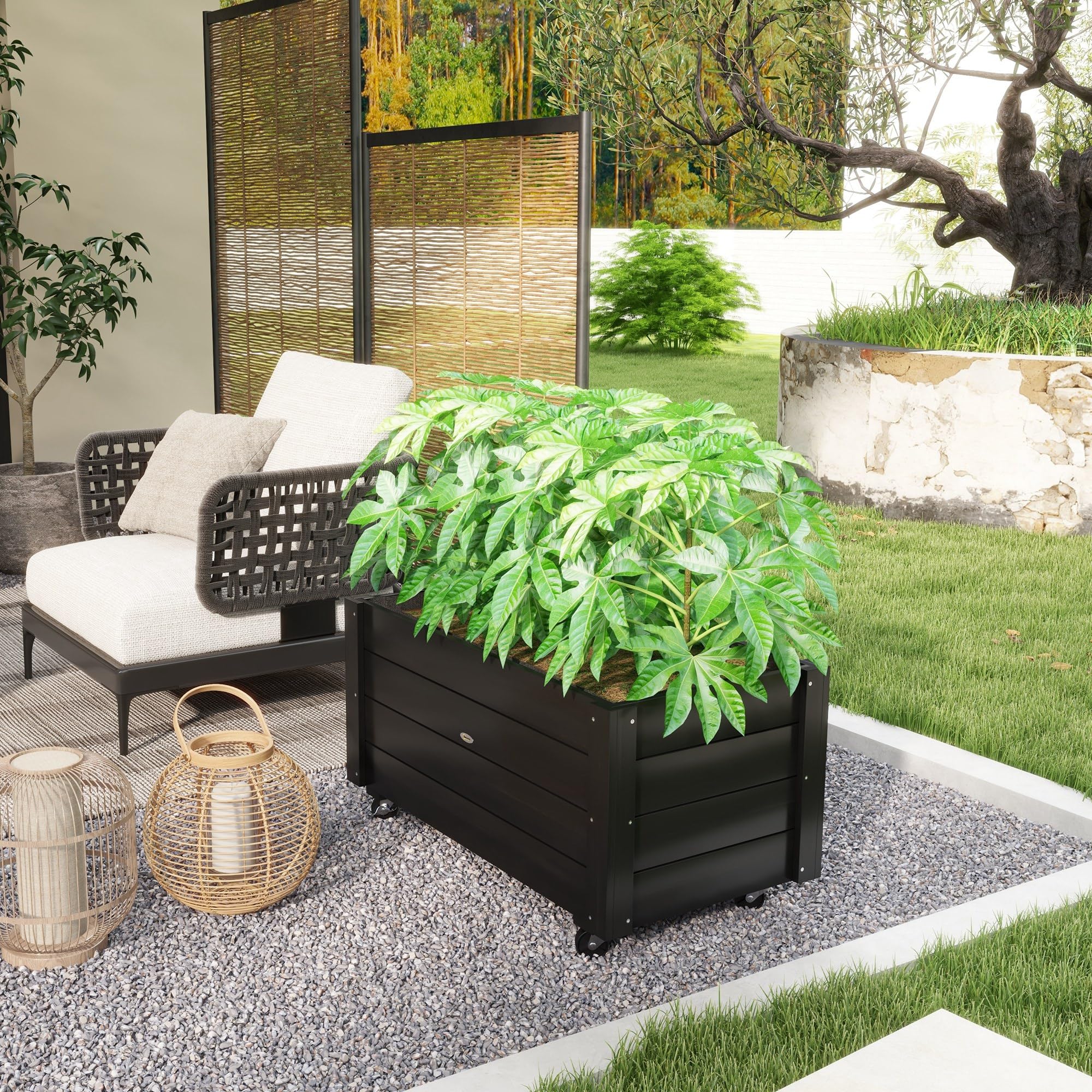 Outsunny Hochbeet Pflanzbeet mit Rollen Massivholz 89x48x47cm Schwarz