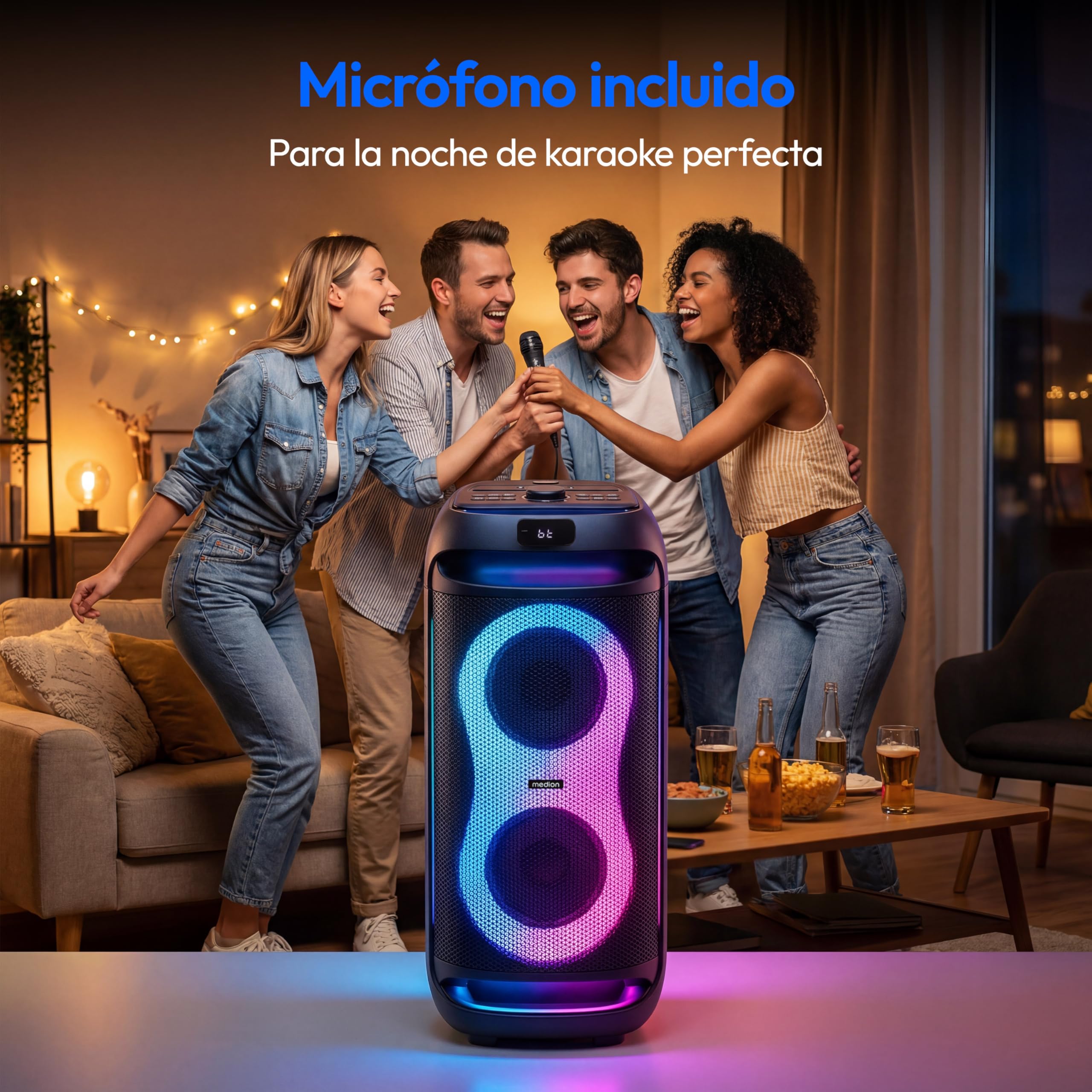 MEDION PE-2 Plus Partybox batería con micrófono - Altavoz Grande | Equipo de fiesta con karaoke, luces, entradas micro y guitarra, Bluetooth portátil, AUX, USB
