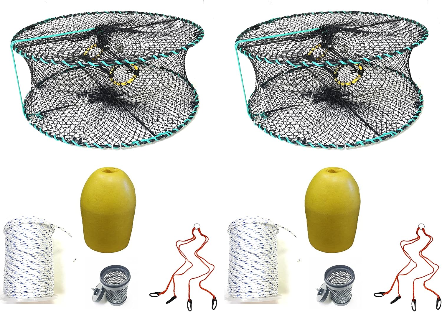 2-Pack of KUFA Sports Foldable Prawn Trap (Stretched Mesh Size:1-1/8") with 400' Rope, Yellow Float, Bait Bag & Harness Combo