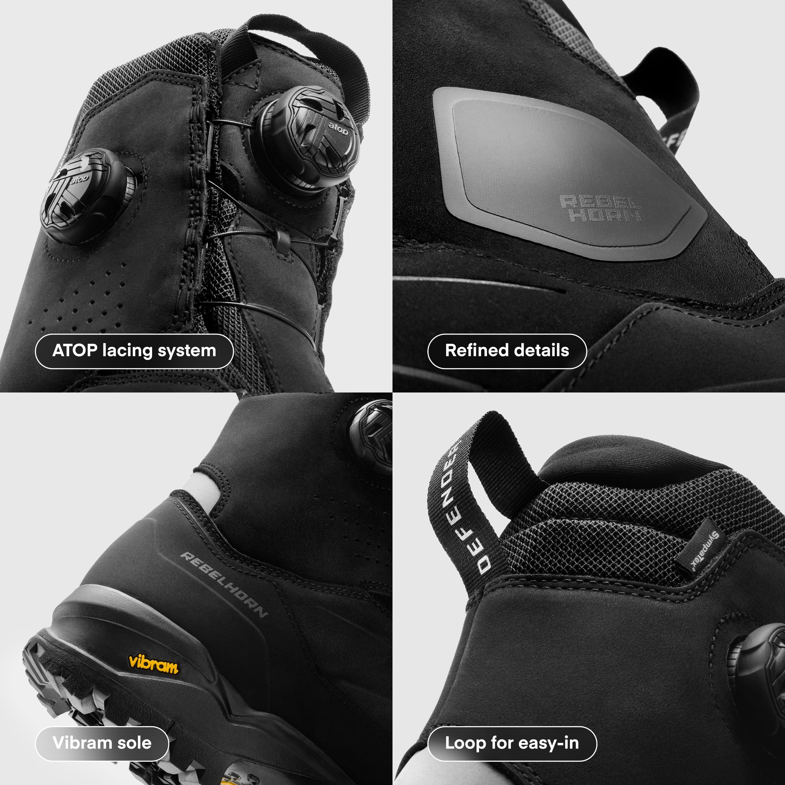 REBELHORN Defender X Botas de Moto Hombre y Mujer | Cuero | Protectores de Tobillo | ATOP Cordones rápidos | Membrana Sympatex | Suela Vibram | Tallas hasta 47