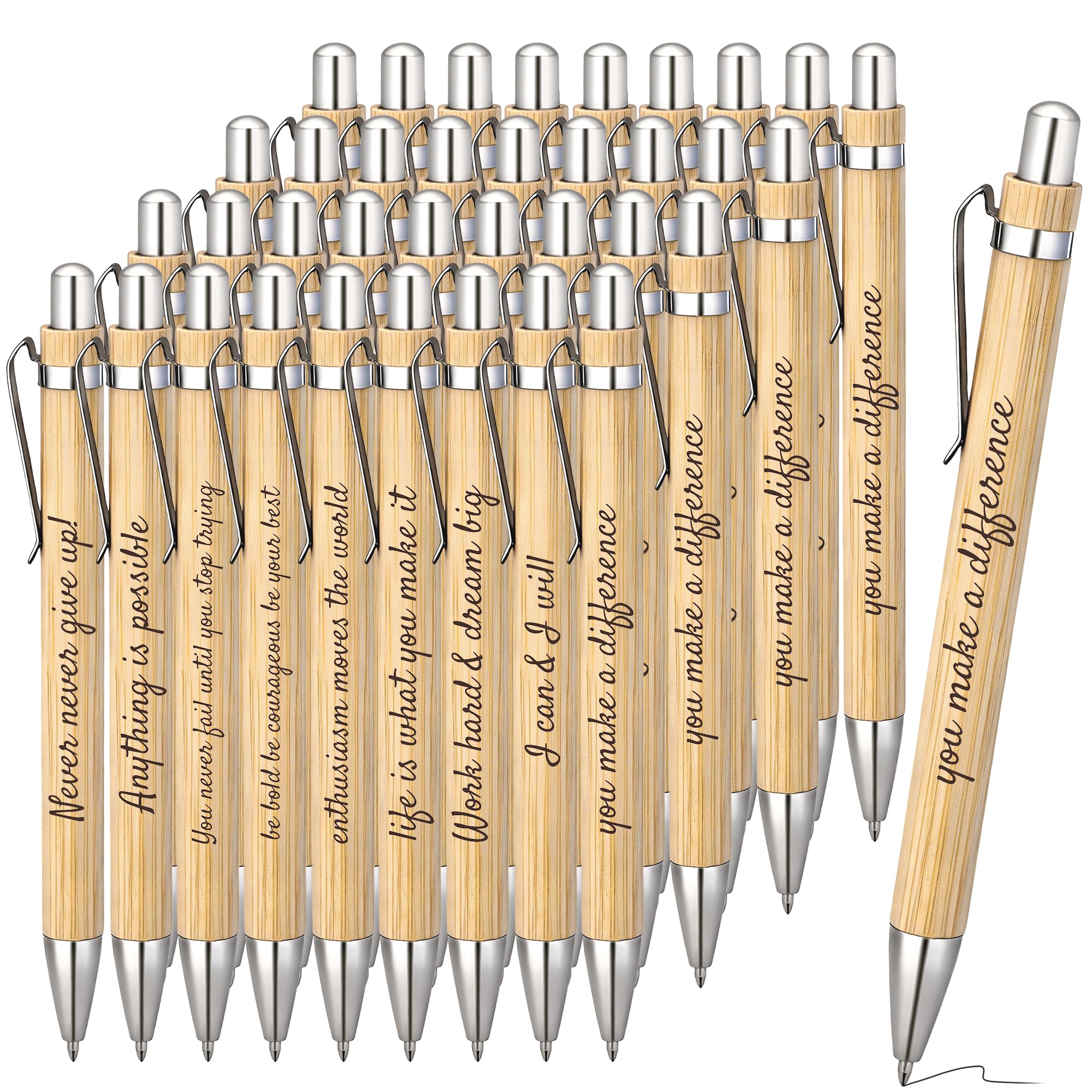 Aodaer 36 Pack Bamboo Inspirational Pens Motivational Quotes Ballpoint Pen Retractable Black Ink Pens Year 6 Leavers Employee Appreciation Thank You Gifts for Students Teacher Colleague